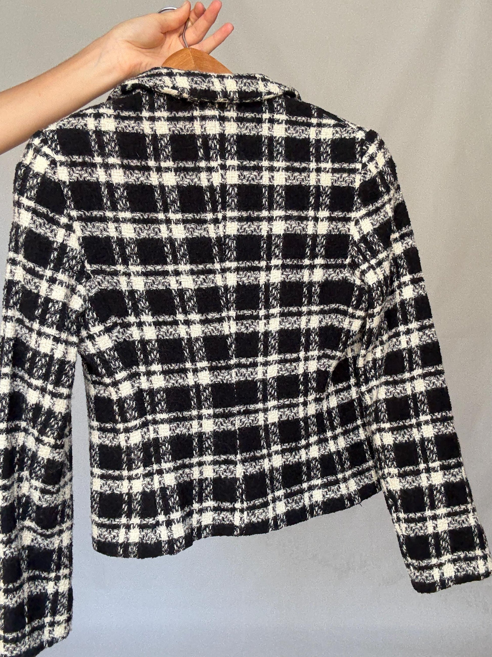 Wool Plaid Jacket – Black White Tweed Style Blazer – Vintage French Girl Aesthetic – Cropped Preppy Fall Coat – Size S
