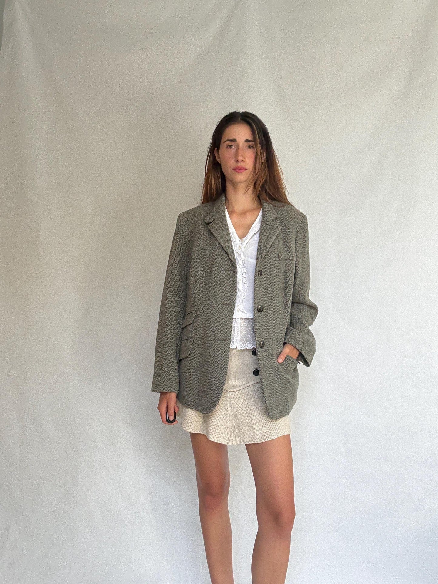 Ralph Lauren vintage wool blazer 16W – herringbone tweed jacket with pockets, classic tailoring for fall layering