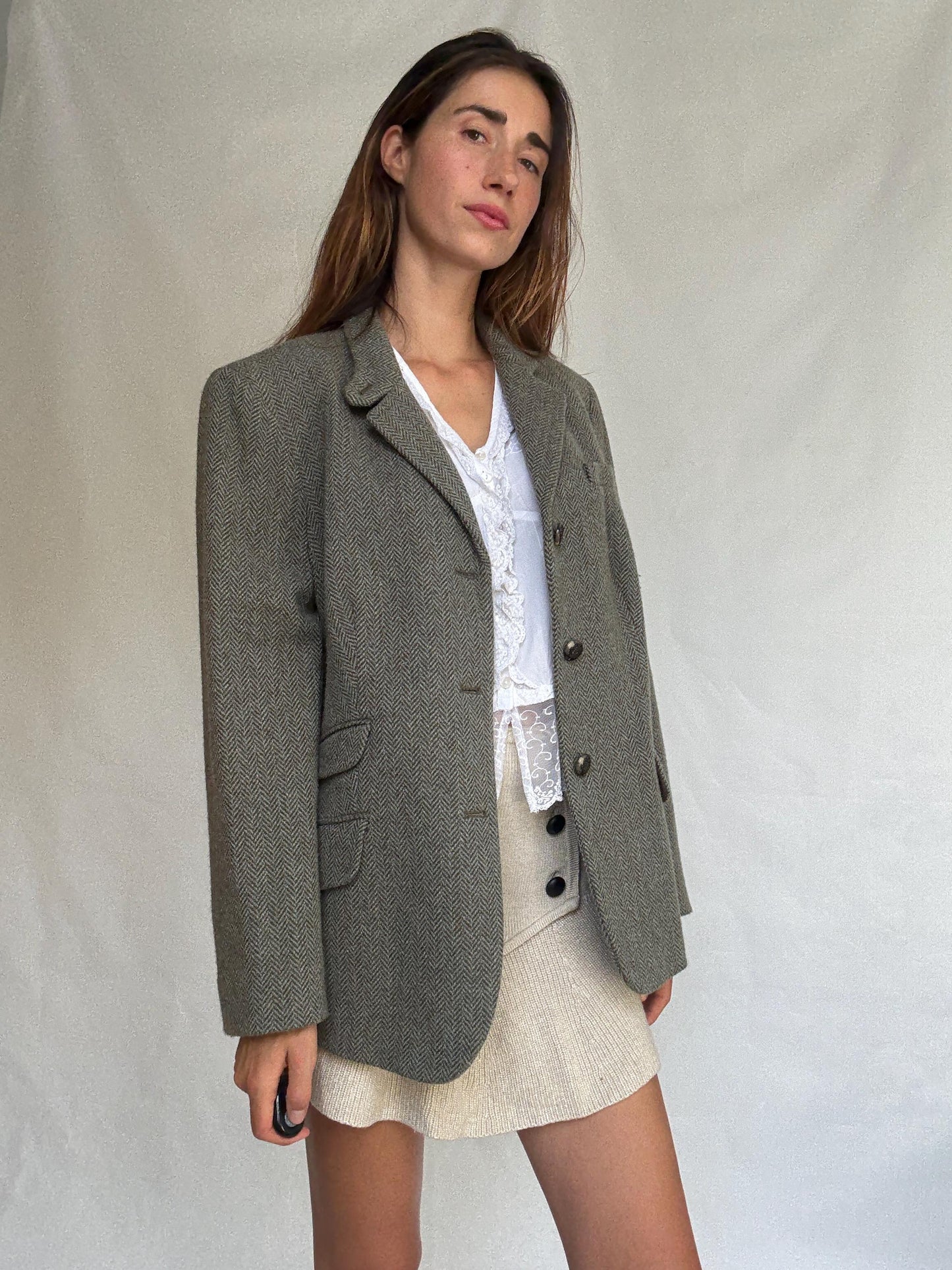 Ralph Lauren vintage wool blazer 16W – herringbone tweed jacket with pockets, classic tailoring for fall layering