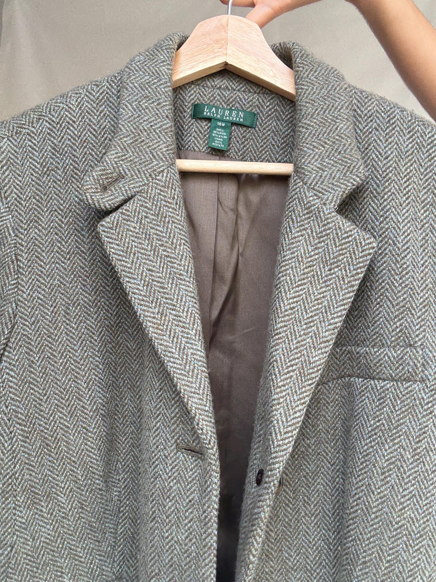 Ralph Lauren vintage wool blazer 16W – herringbone tweed jacket with pockets, classic tailoring for fall layering