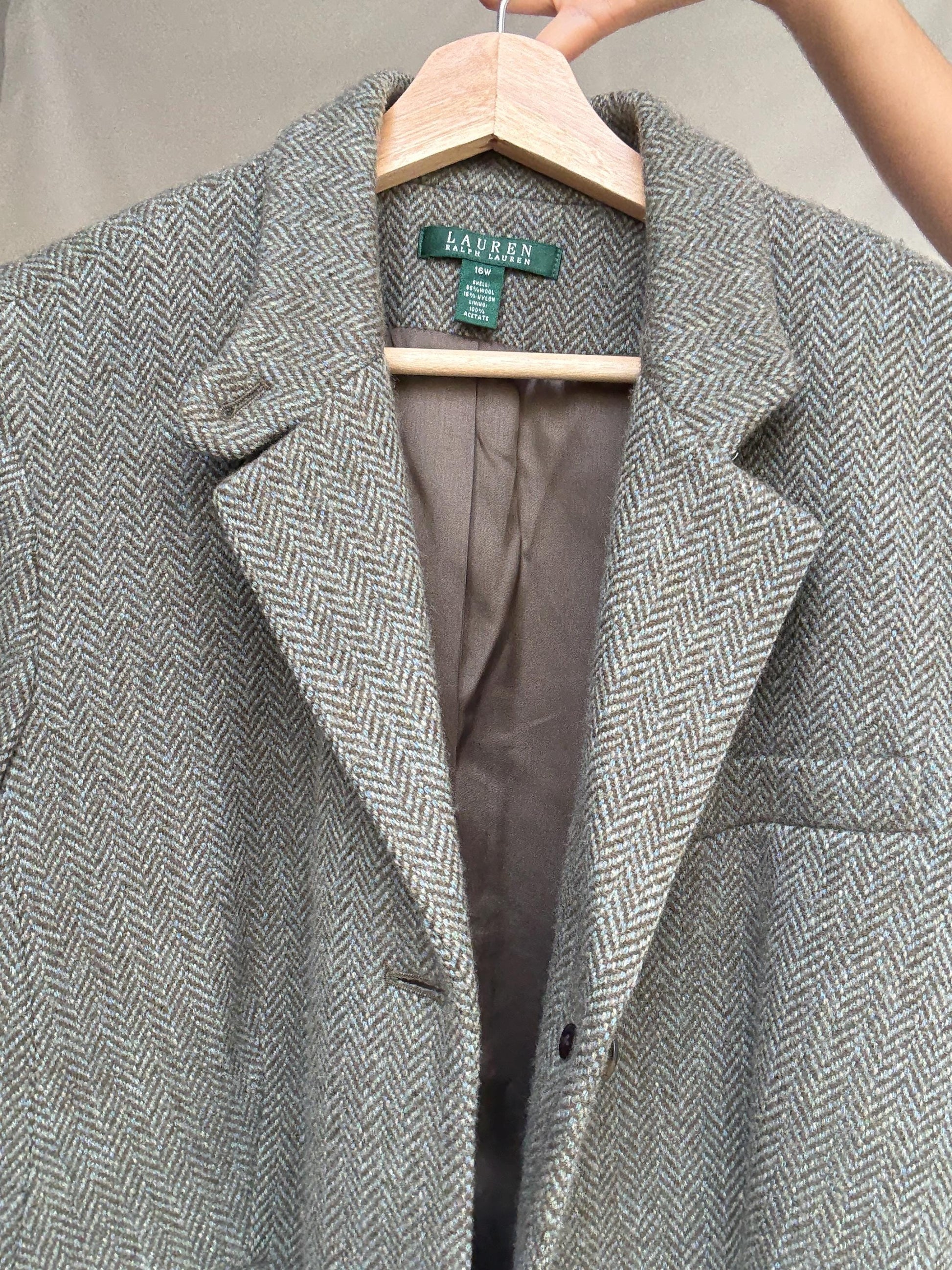 Ralph Lauren vintage wool blazer 16W – herringbone tweed jacket with pockets, classic tailoring for fall layering