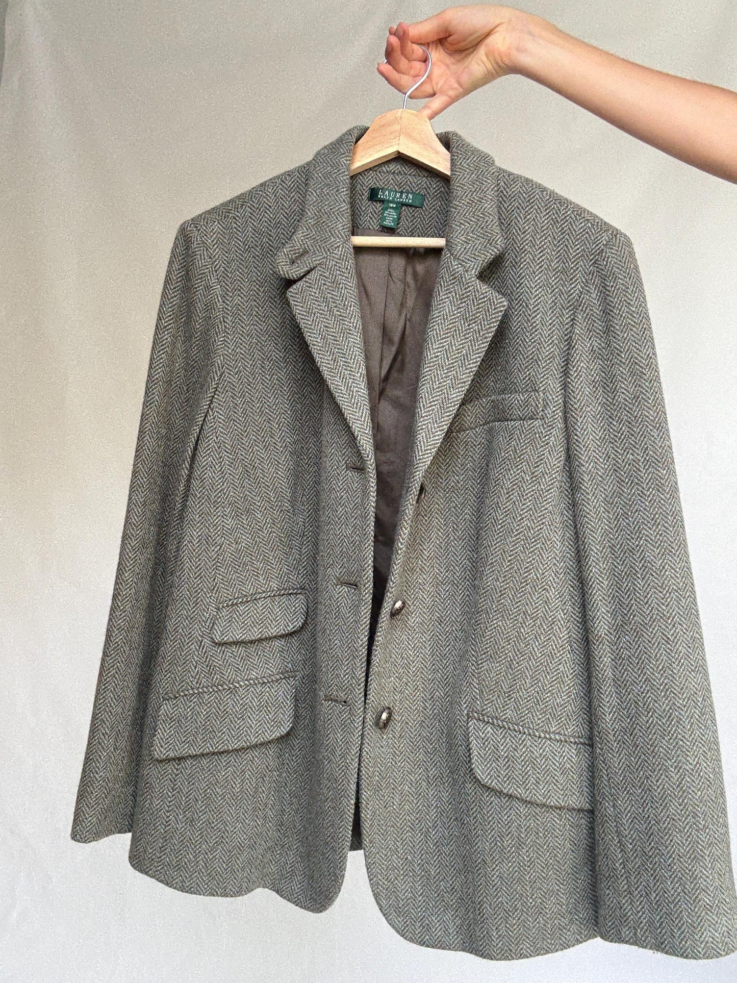 Ralph Lauren vintage wool blazer 16W – herringbone tweed jacket with pockets, classic tailoring for fall layering
