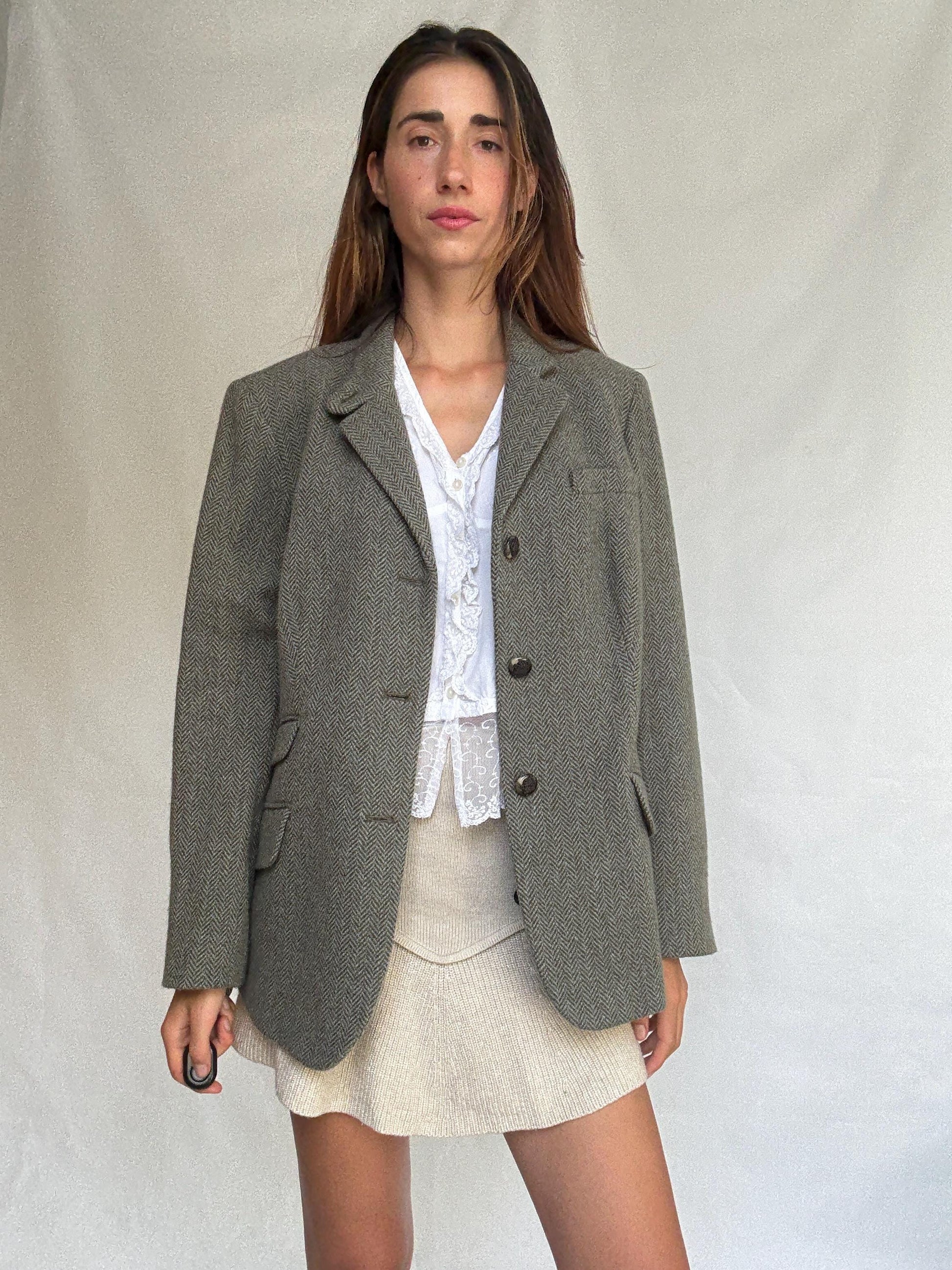 Ralph Lauren vintage wool blazer 16W – herringbone tweed jacket with pockets, classic tailoring for fall layering