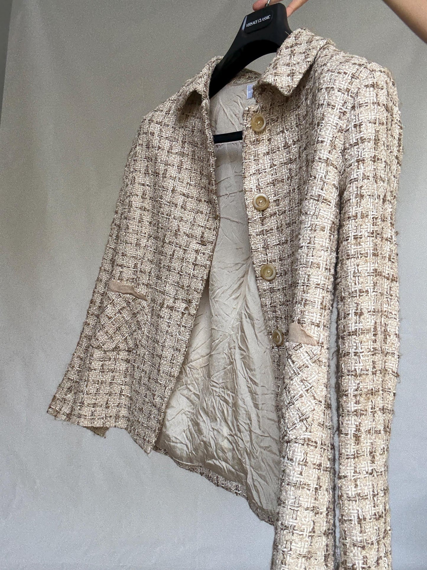 Purificación García silk pocket blazer – size 46 vintage designer jacket with textured weave and elegant tailoring