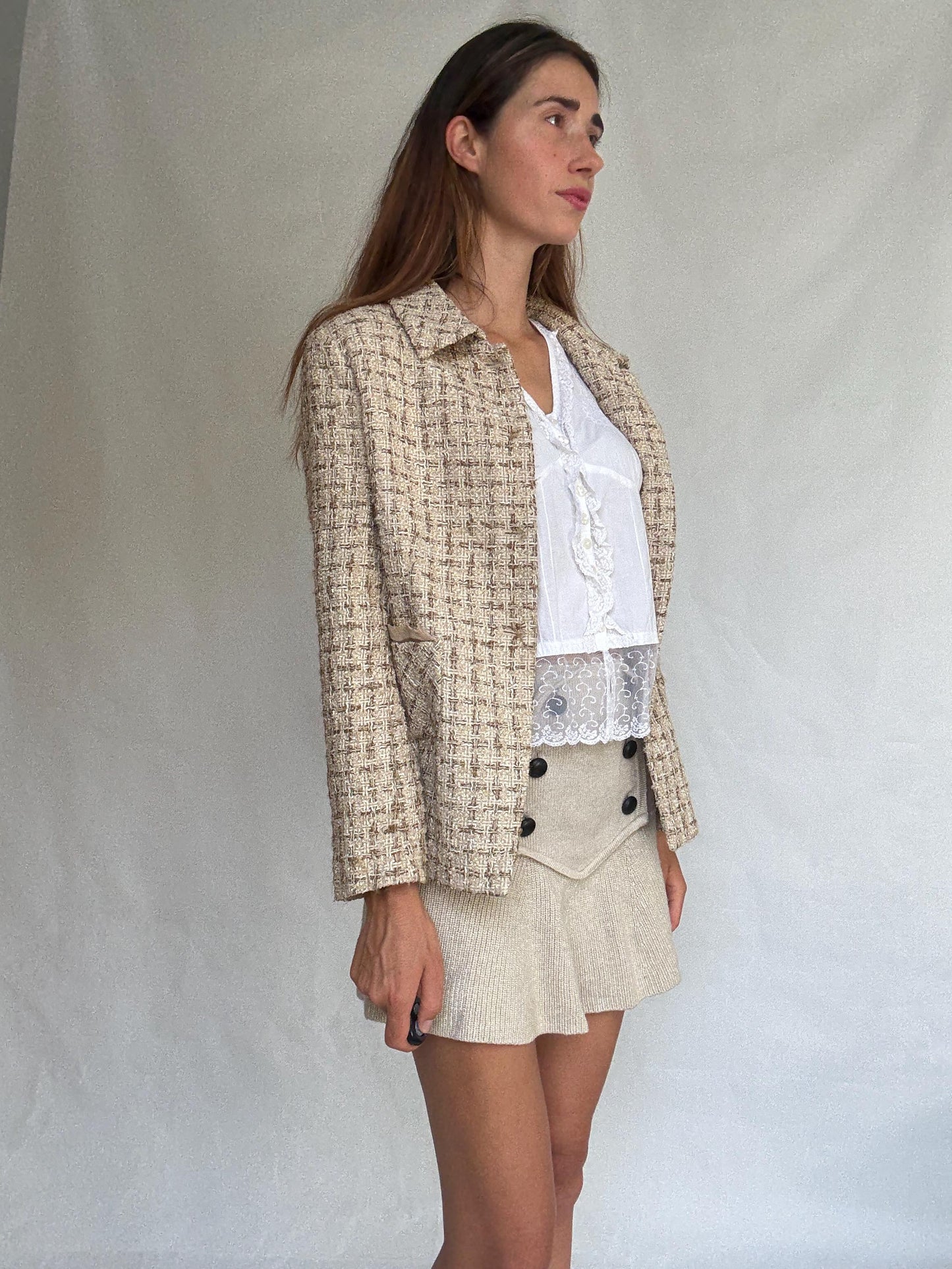 Purificación García silk pocket blazer – size 46 vintage designer jacket with textured weave and elegant tailoring