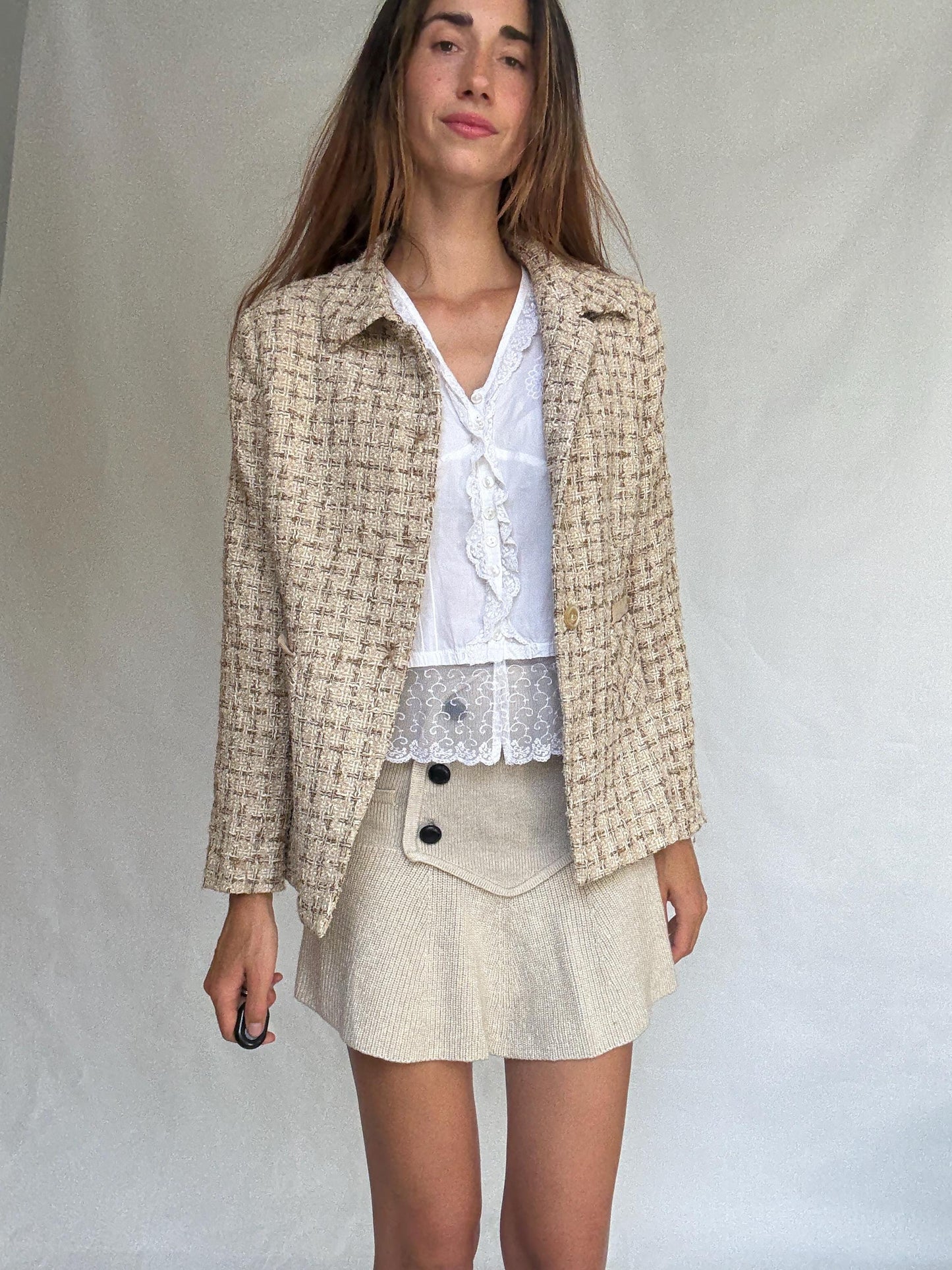 Purificación García silk pocket blazer – size 46 vintage designer jacket with textured weave and elegant tailoring
