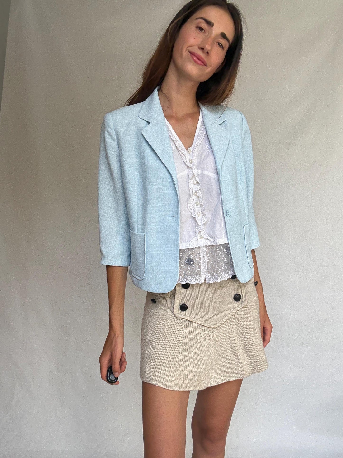 Vintage light blue fitted blazer – cropped tailored jacket with 3/4 sleeves – size 42 elegant pastel layer - Made in Spain