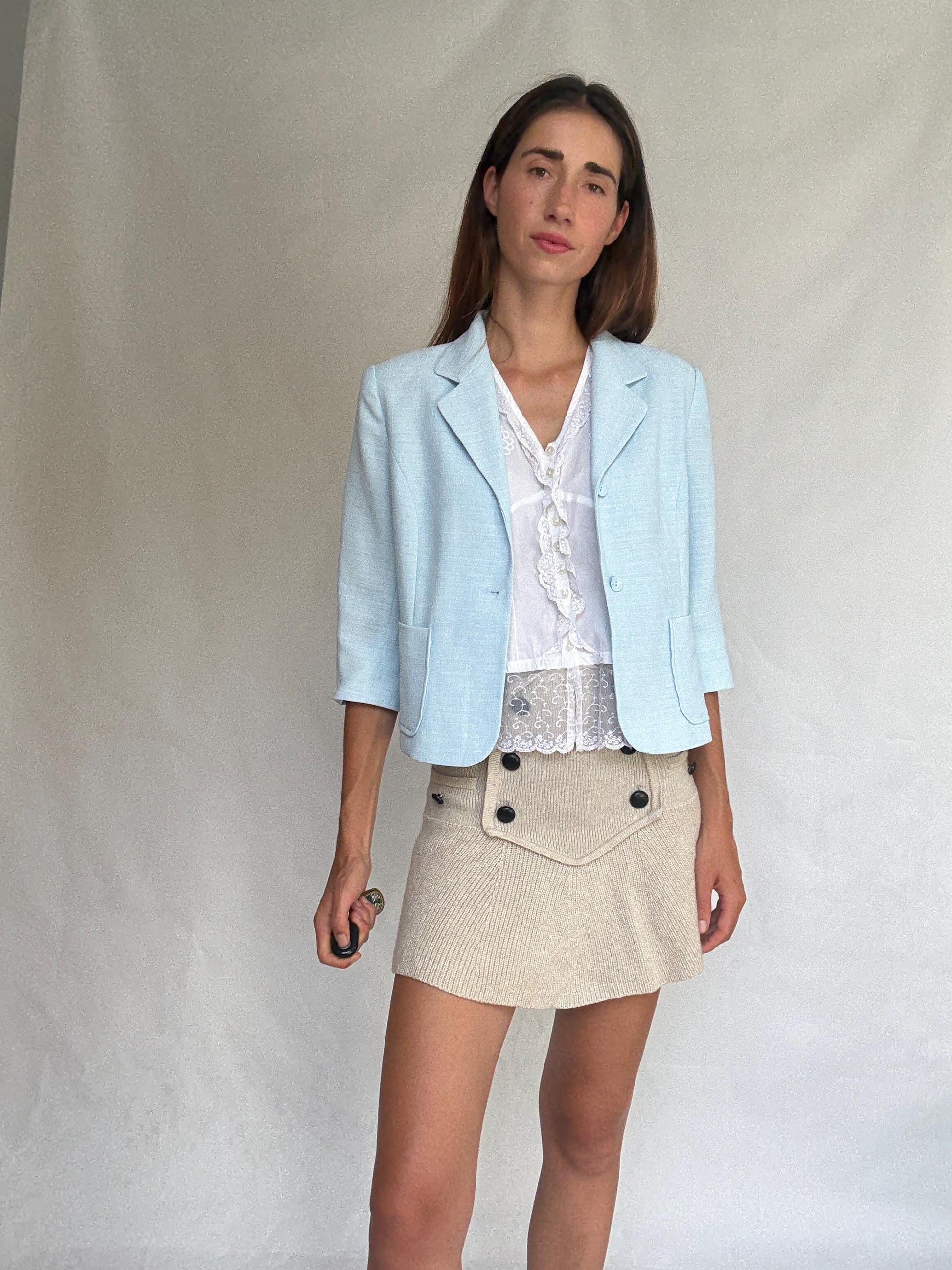 Vintage light blue fitted blazer – cropped tailored jacket with 3/4 sleeves – size 42 elegant pastel layer - Made in Spain