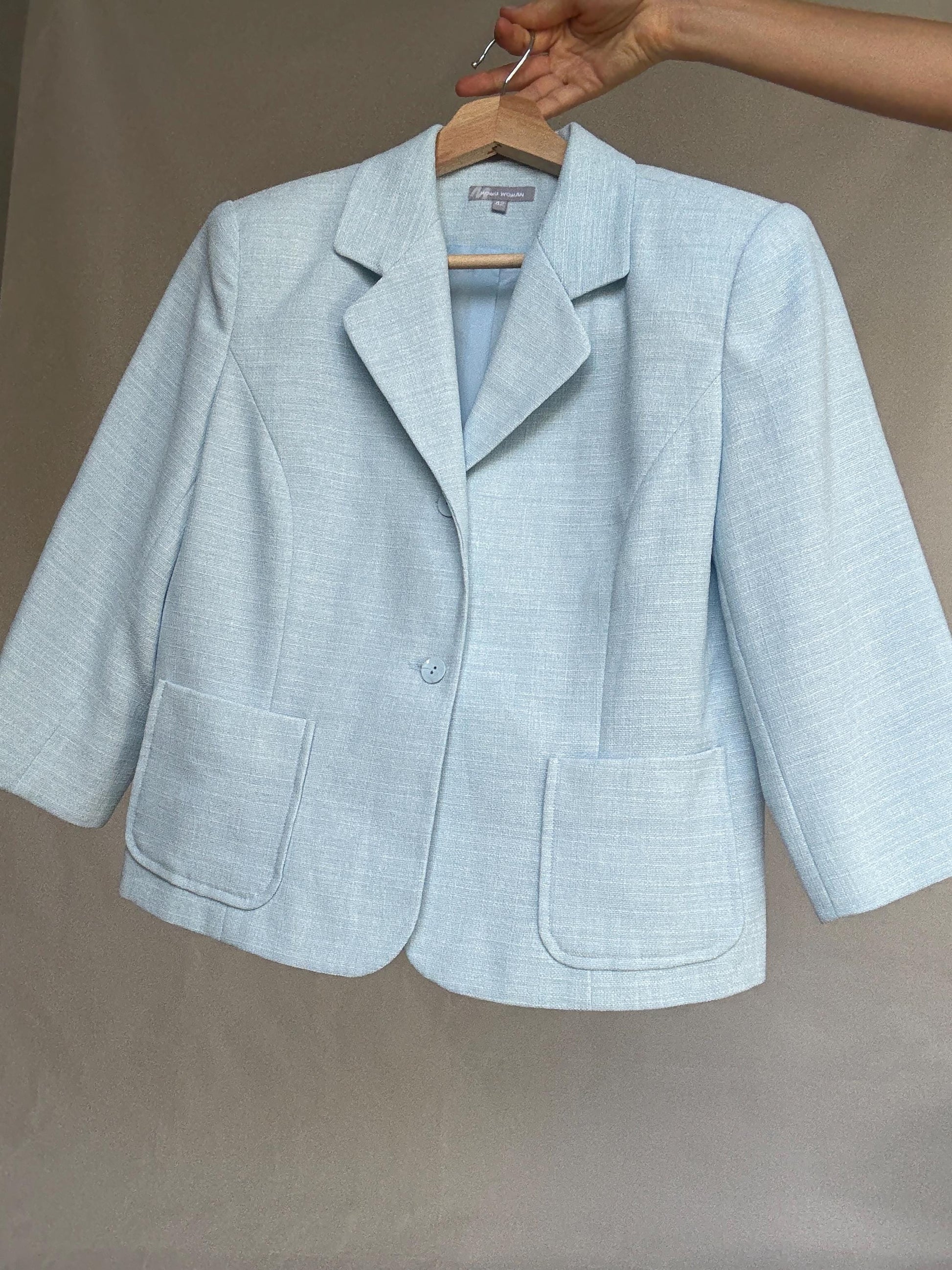 Vintage light blue fitted blazer – cropped tailored jacket with 3/4 sleeves – size 42 elegant pastel layer - Made in Spain