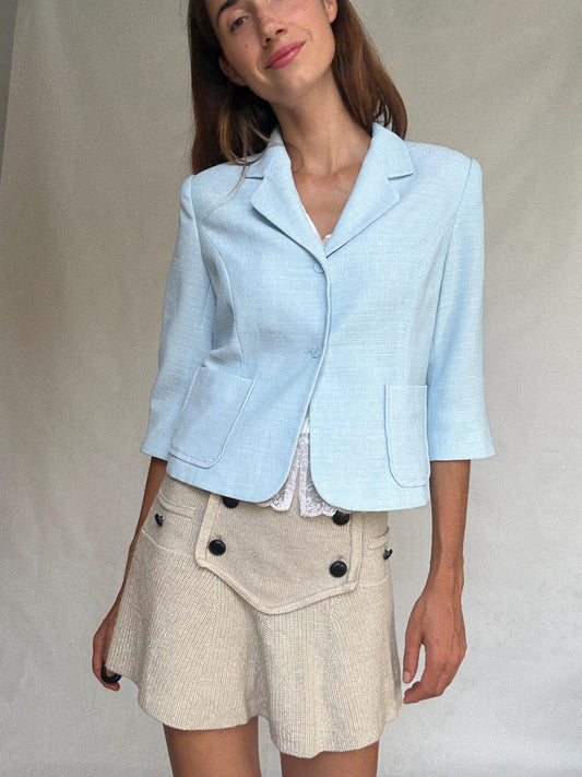 Vintage light blue fitted blazer – cropped tailored jacket with 3/4 sleeves – size 42 elegant pastel layer - Made in Spain