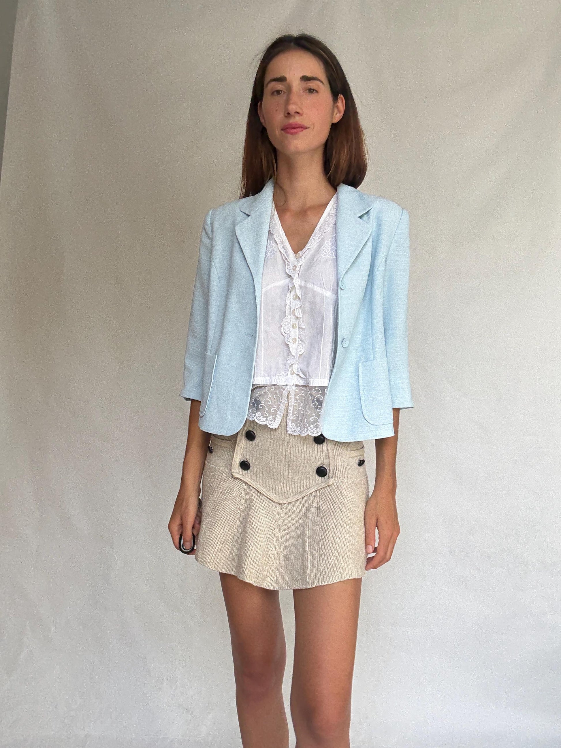 Vintage light blue fitted blazer – cropped tailored jacket with 3/4 sleeves – size 42 elegant pastel layer - Made in Spain