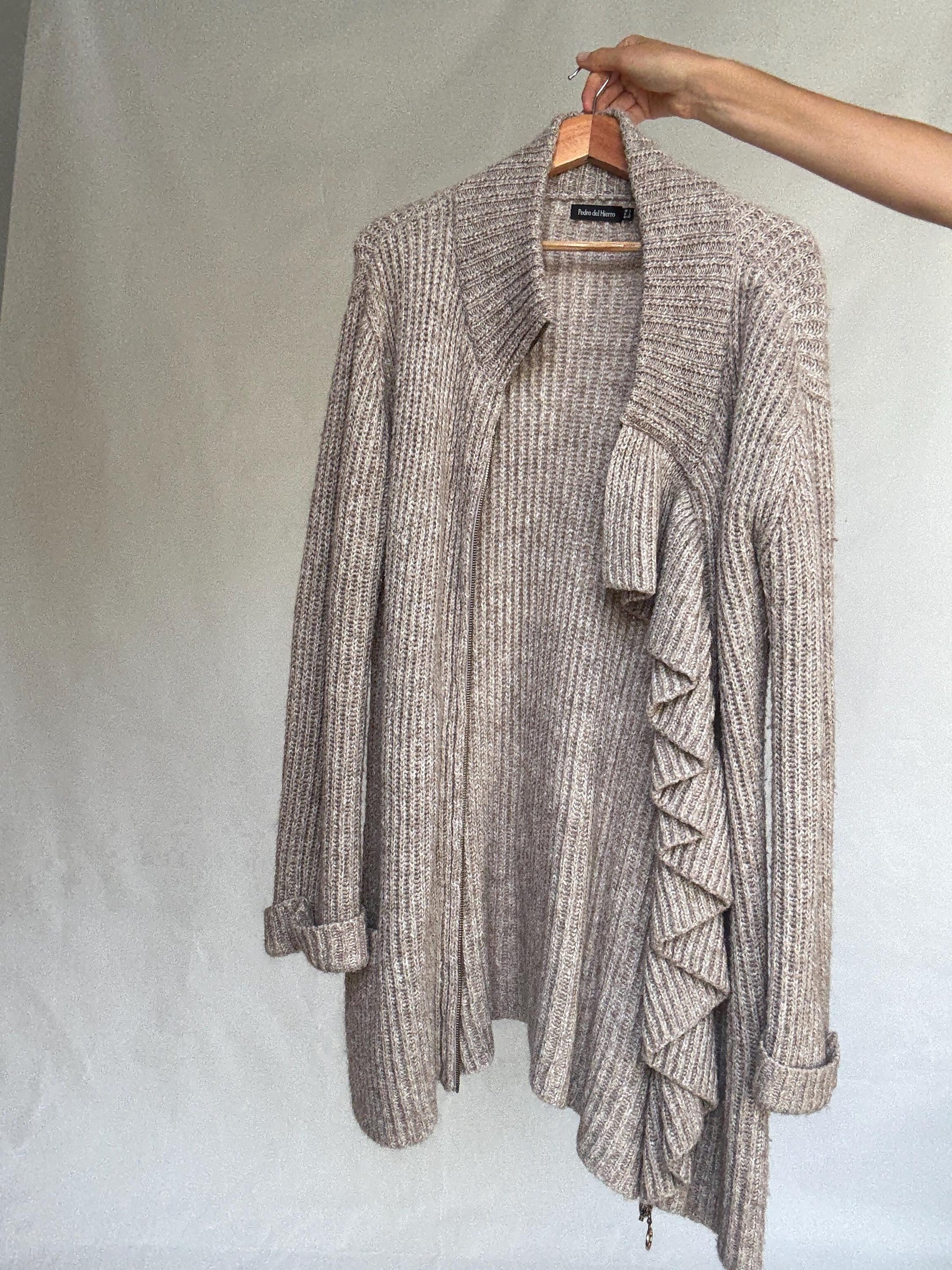 Vintage Pedro del Hierro wool mohair blend cardigan dress – long warm knit with zipper and ruffle detail, size L, designed in Spain