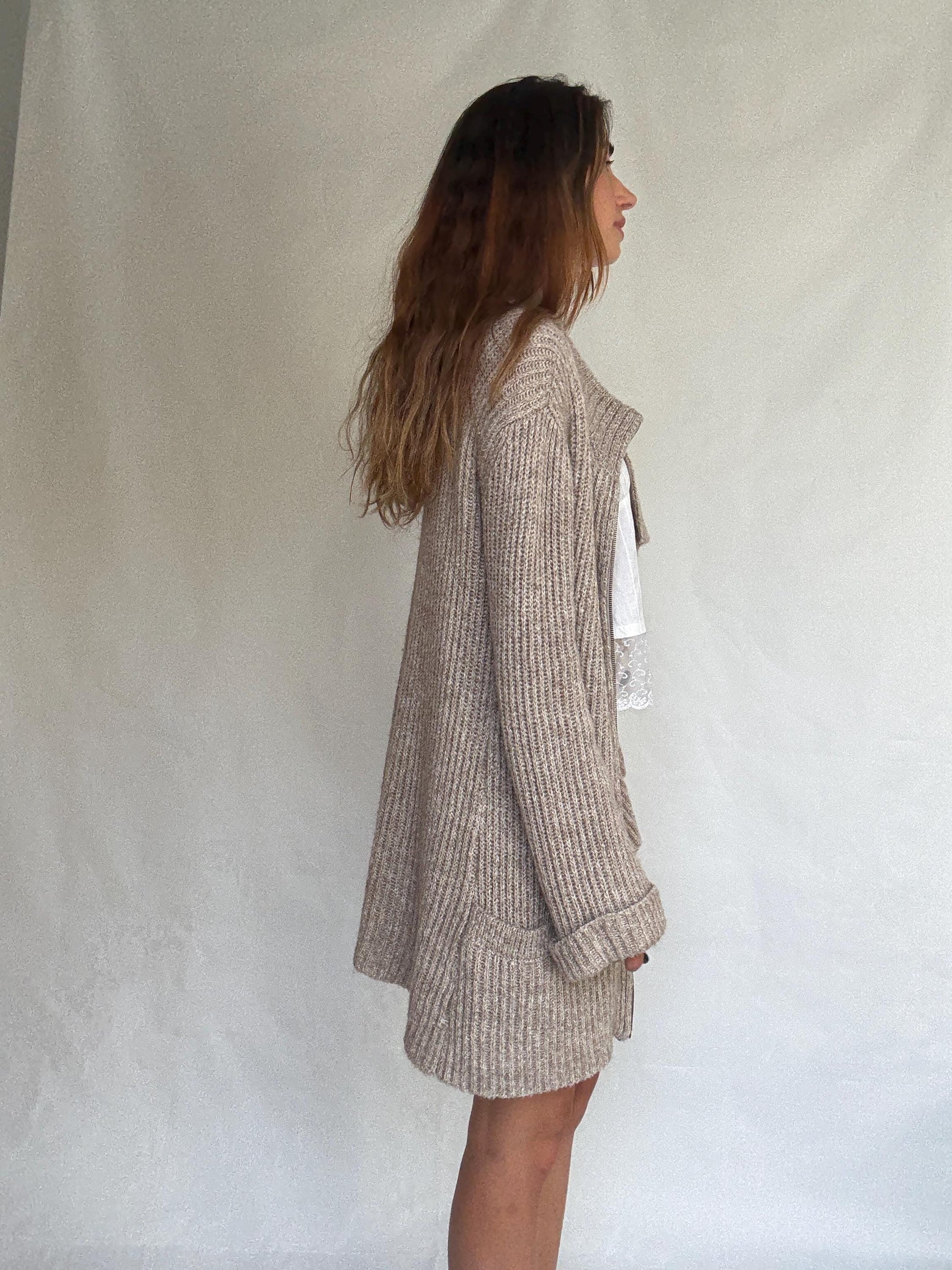 Vintage Pedro del Hierro wool mohair blend cardigan dress – long warm knit with zipper and ruffle detail, size L, designed in Spain