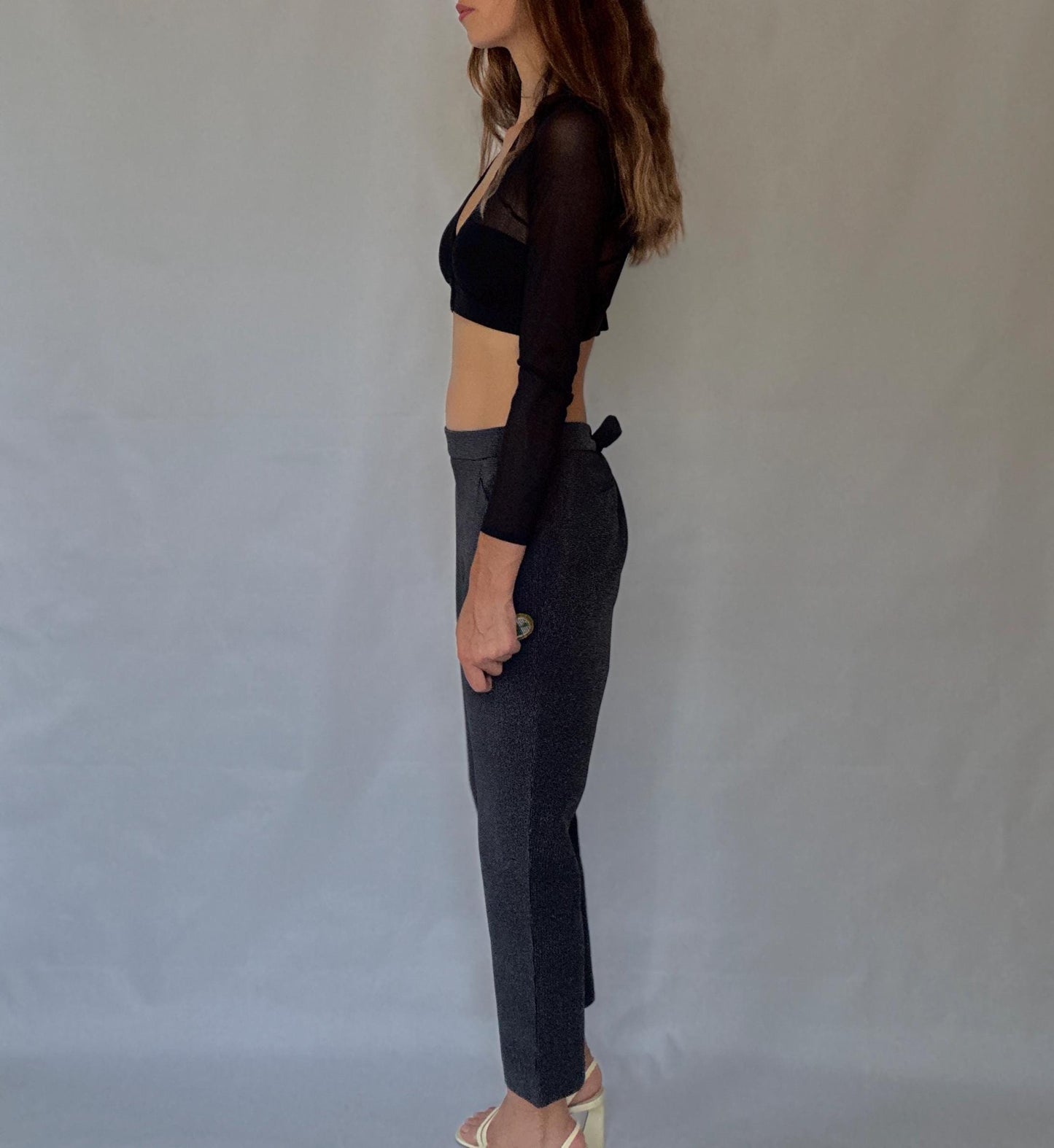 Cortefiel grey stretch trousers – check micro pattern, straight leg cropped fit, high waist, modern XL US, soft and comfy work pants