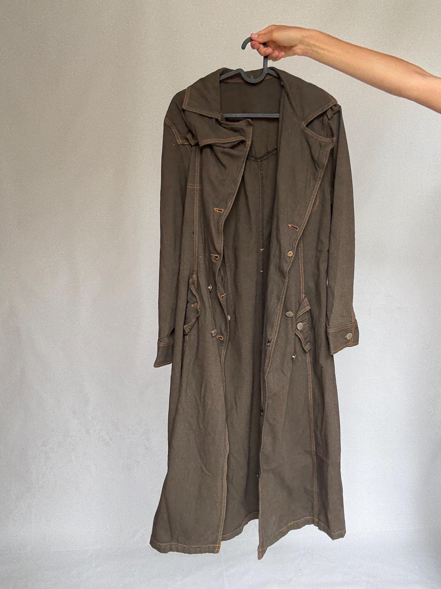 Heavy dark denim trench coat with double breasted front – long sturdy fit, unlined raw inside, fits like US XL letter size, preppy goth edge