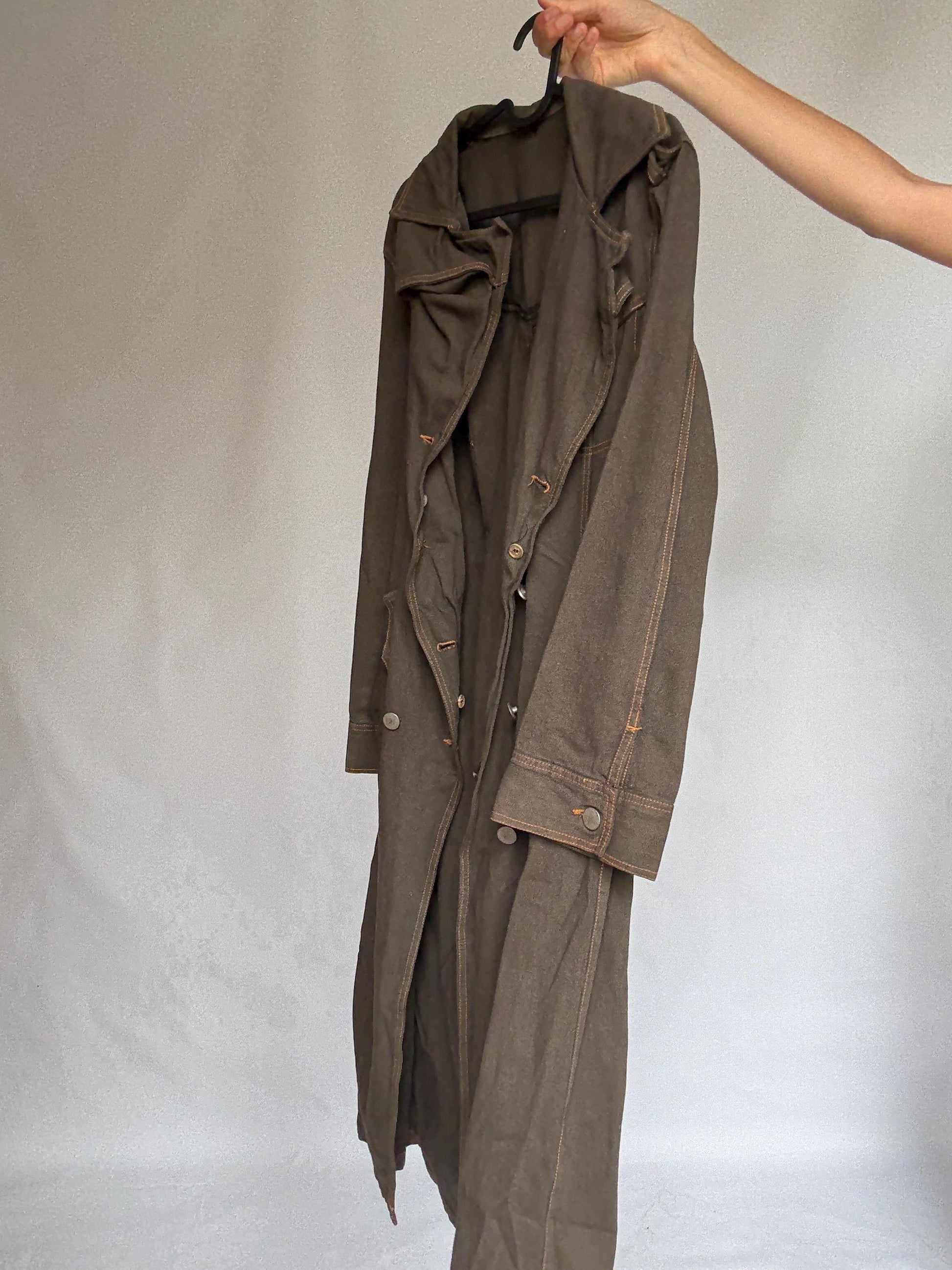 Heavy dark denim trench coat with double breasted front – long sturdy fit, unlined raw inside, fits like US XL letter size, preppy goth edge