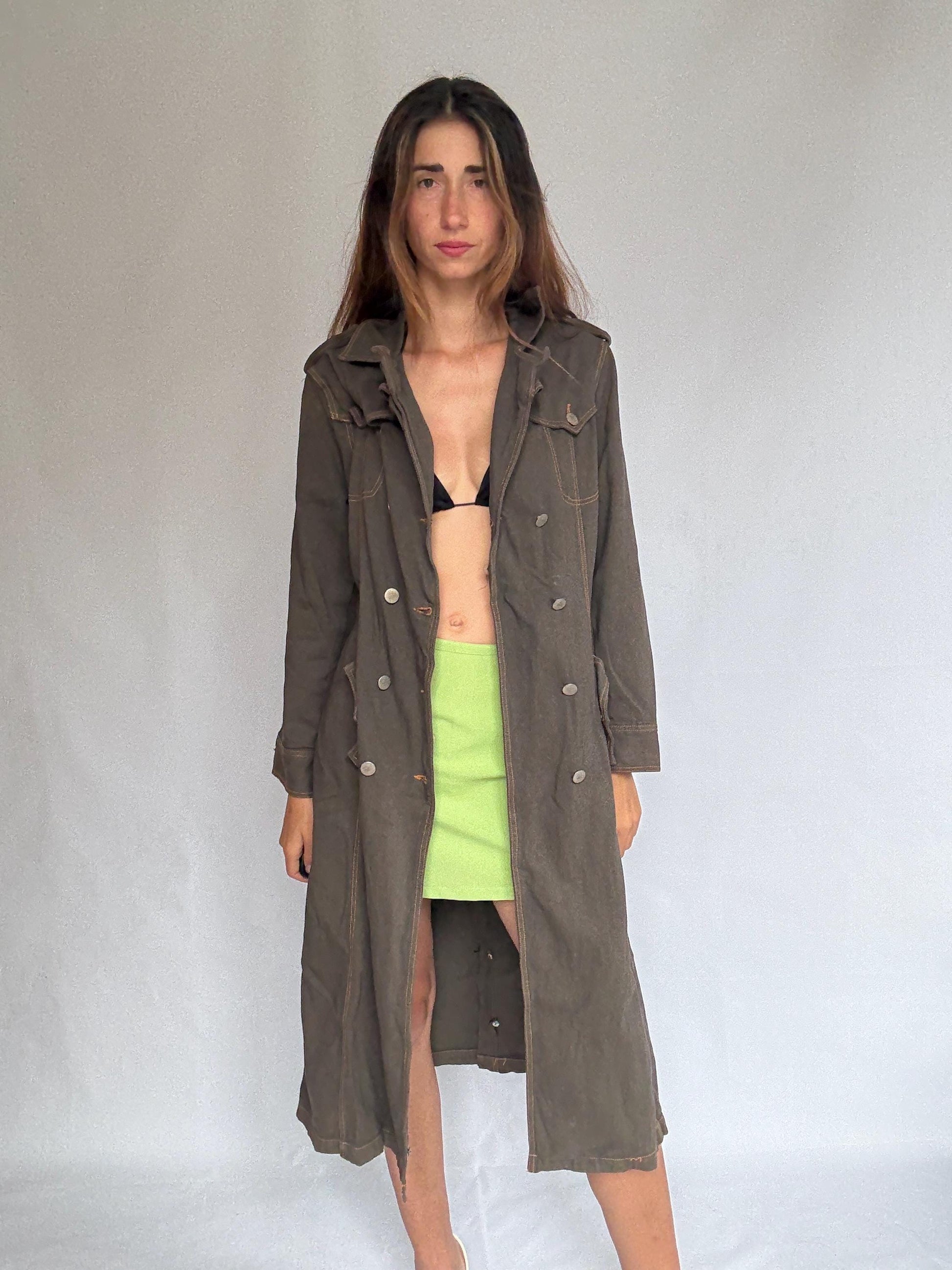 Heavy dark denim trench coat with double breasted front – long sturdy fit, unlined raw inside, fits like US XL letter size, preppy goth edge