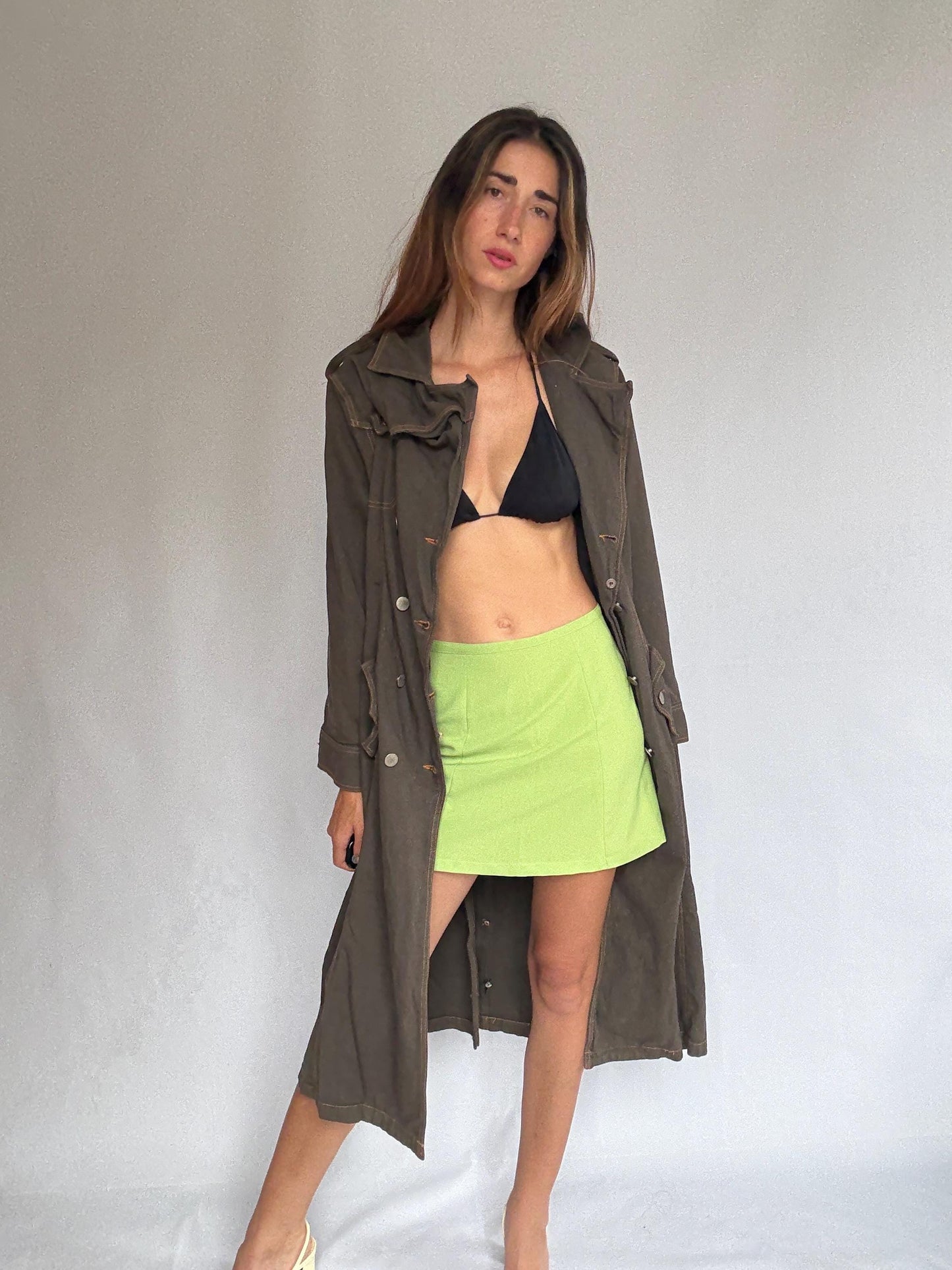 Heavy dark denim trench coat with double breasted front – long sturdy fit, unlined raw inside, fits like US XL letter size, preppy goth edge