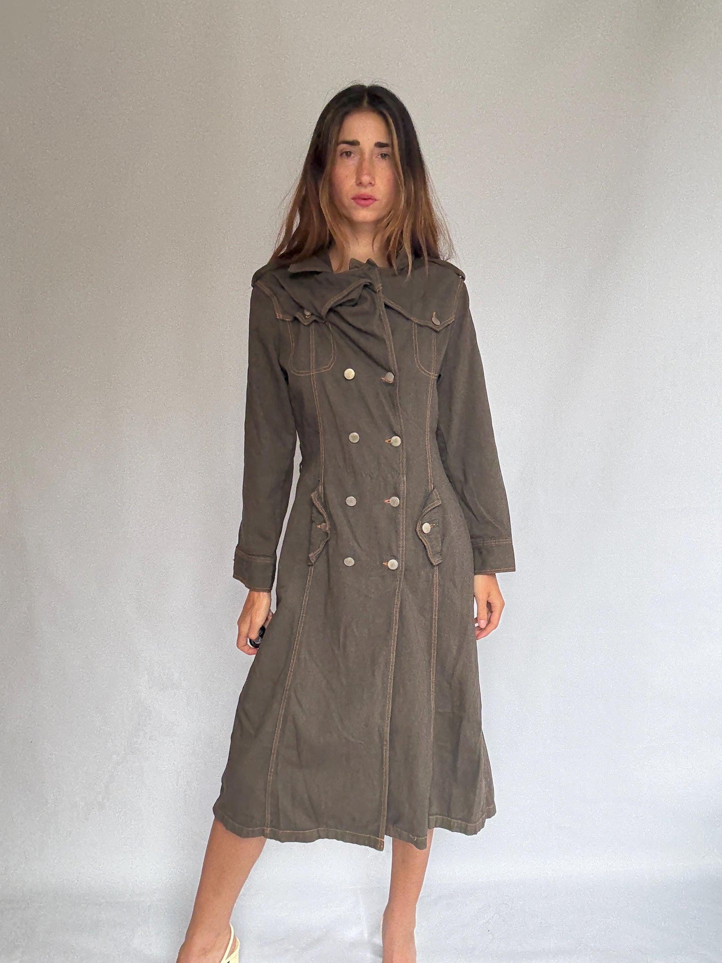 Heavy dark denim trench coat with double breasted front – long sturdy fit, unlined raw inside, fits like US XL letter size, preppy goth edge