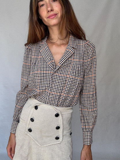 Checkered Cotton Blouse With Puff Shoulders