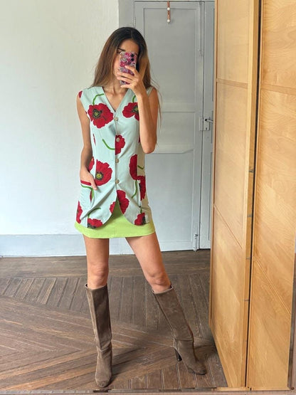 Minimil Vintage Poppy Print Dress, Sleeveless Retro Waistcoat, Blue
