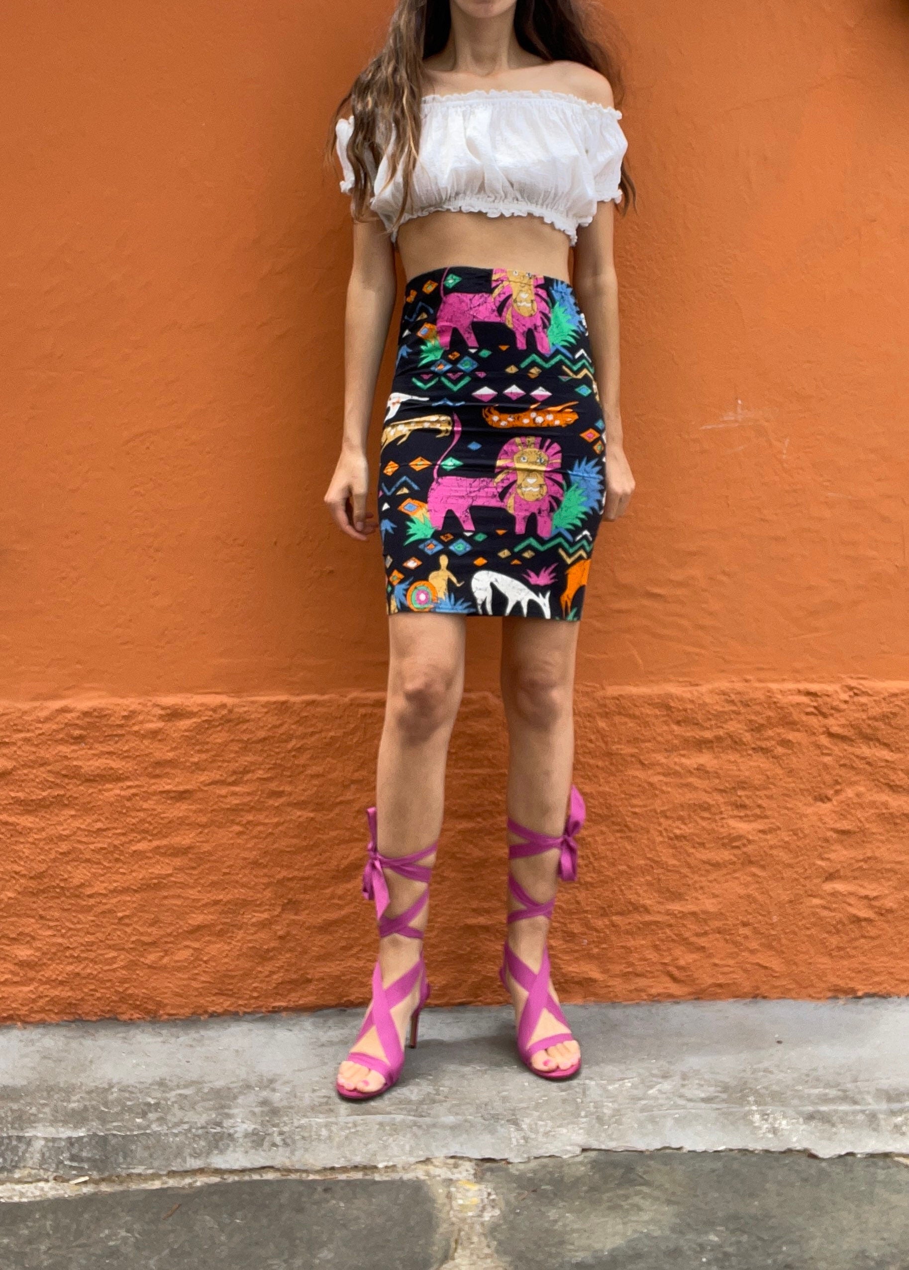 Ethnographic colourful short skirt, Handmade cheerful summer skirt with playful print, African cotton clothing, Aztec retro mini skirt