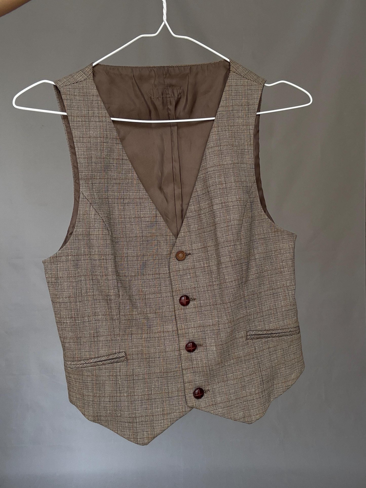 Vintage Academia Plaid Vest – Brown Beige Button-Up Gilet – Y2K Schoolgirl Waistcoat – Cottagecore Style Top, Size XS - S