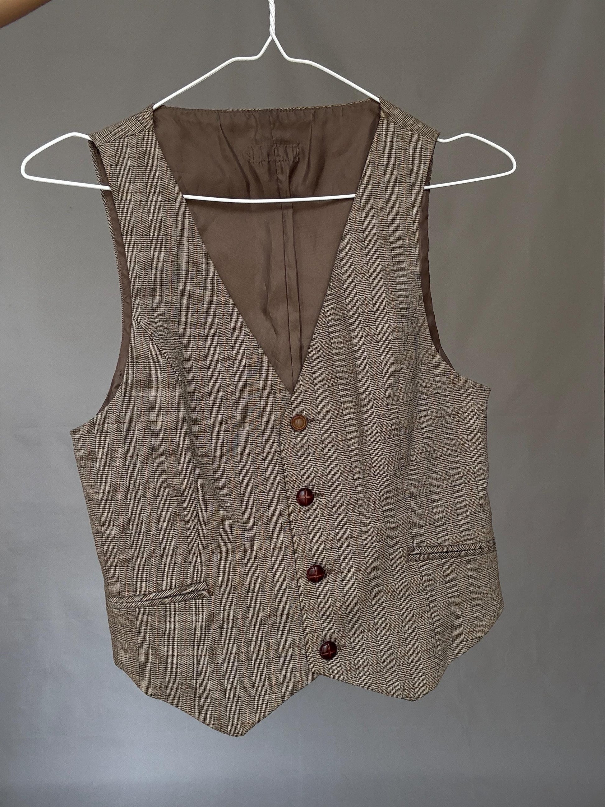 Vintage Academia Plaid Vest – Brown Beige Button-Up Gilet – Y2K Schoolgirl Waistcoat – Cottagecore Style Top, Size XS - S