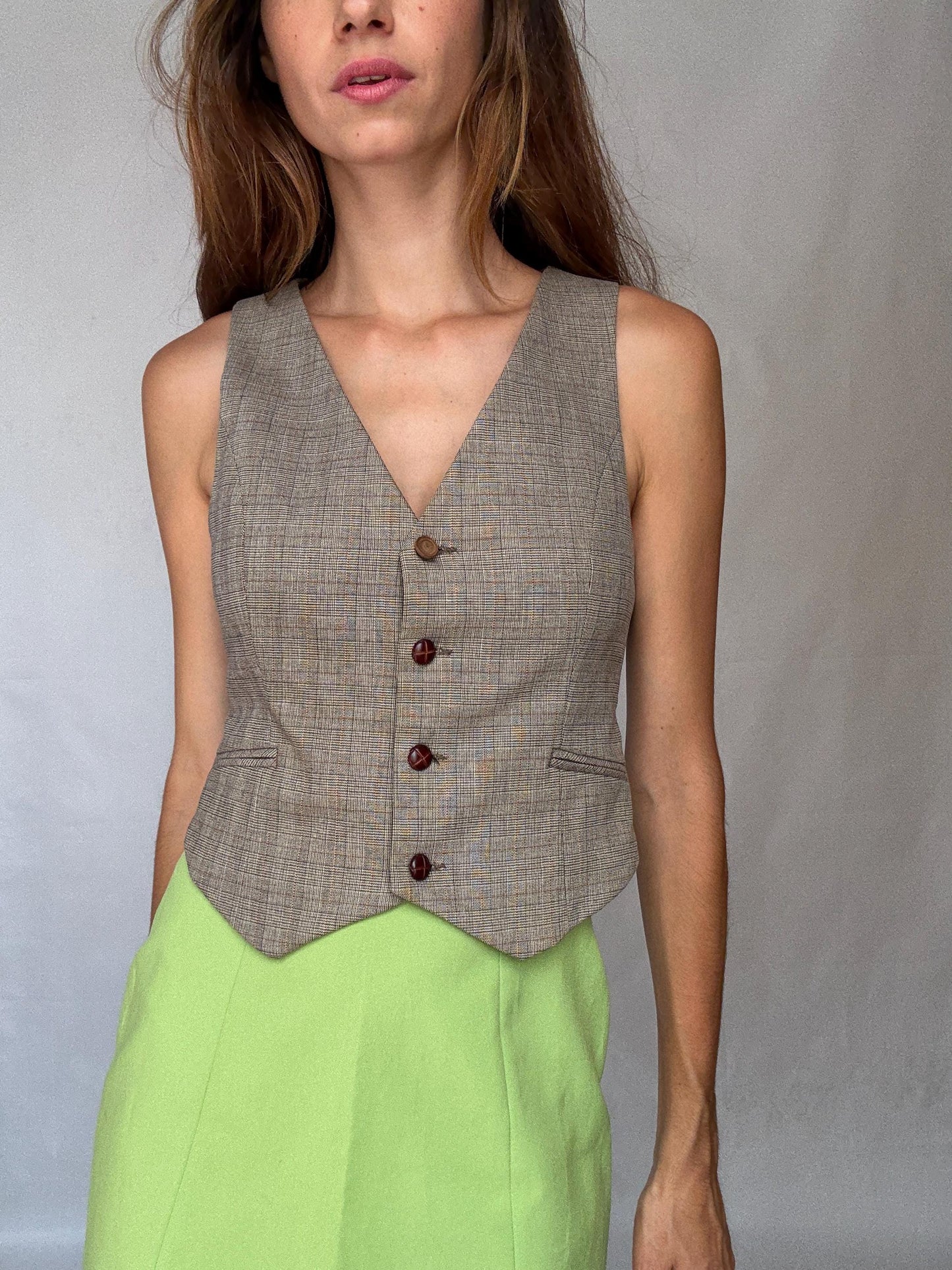 Vintage Academia Plaid Vest – Brown Beige Button-Up Gilet – Y2K Schoolgirl Waistcoat – Cottagecore Style Top, Size XS - S