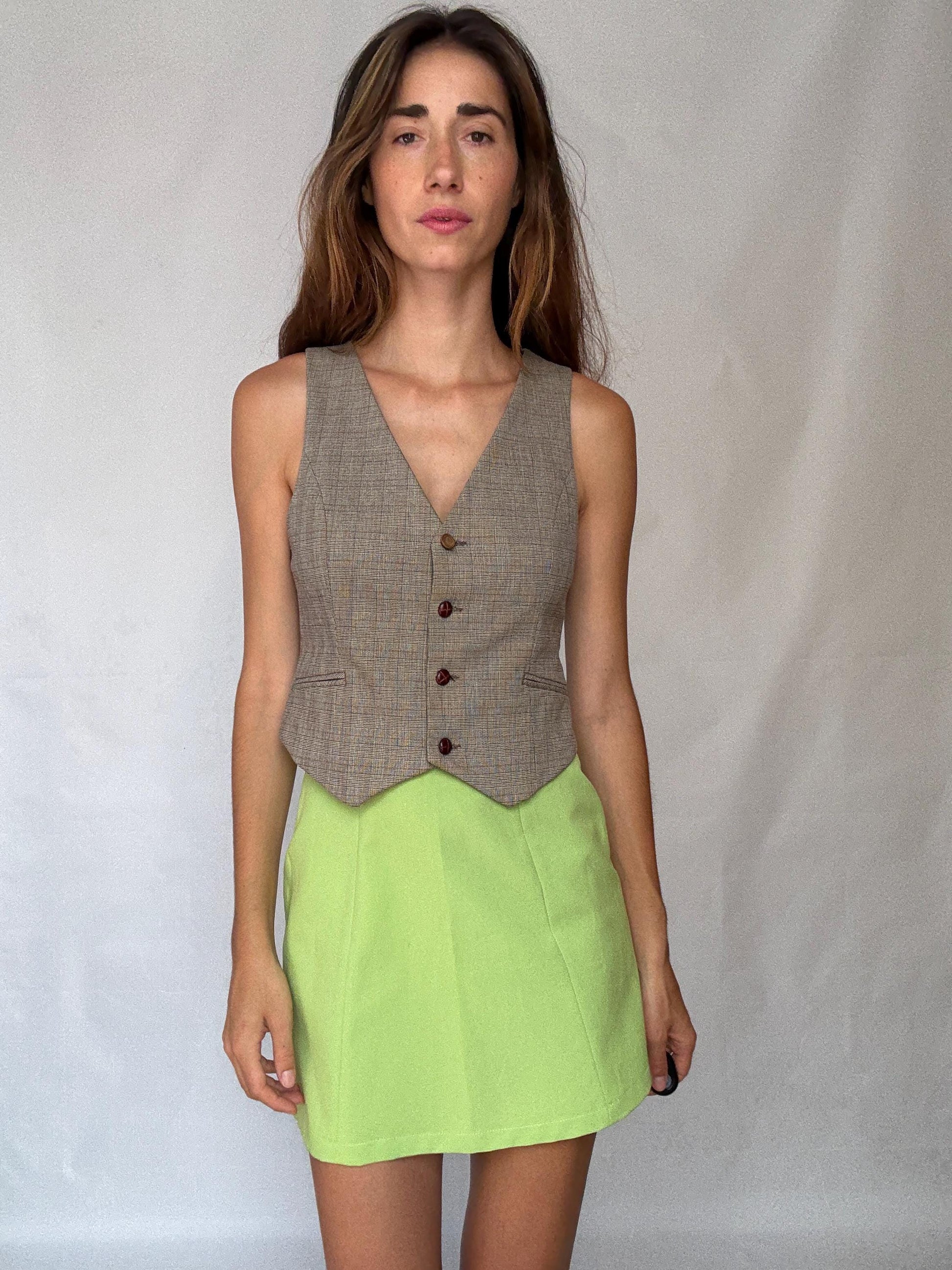 Vintage Academia Plaid Vest – Brown Beige Button-Up Gilet – Y2K Schoolgirl Waistcoat – Cottagecore Style Top, Size XS - S