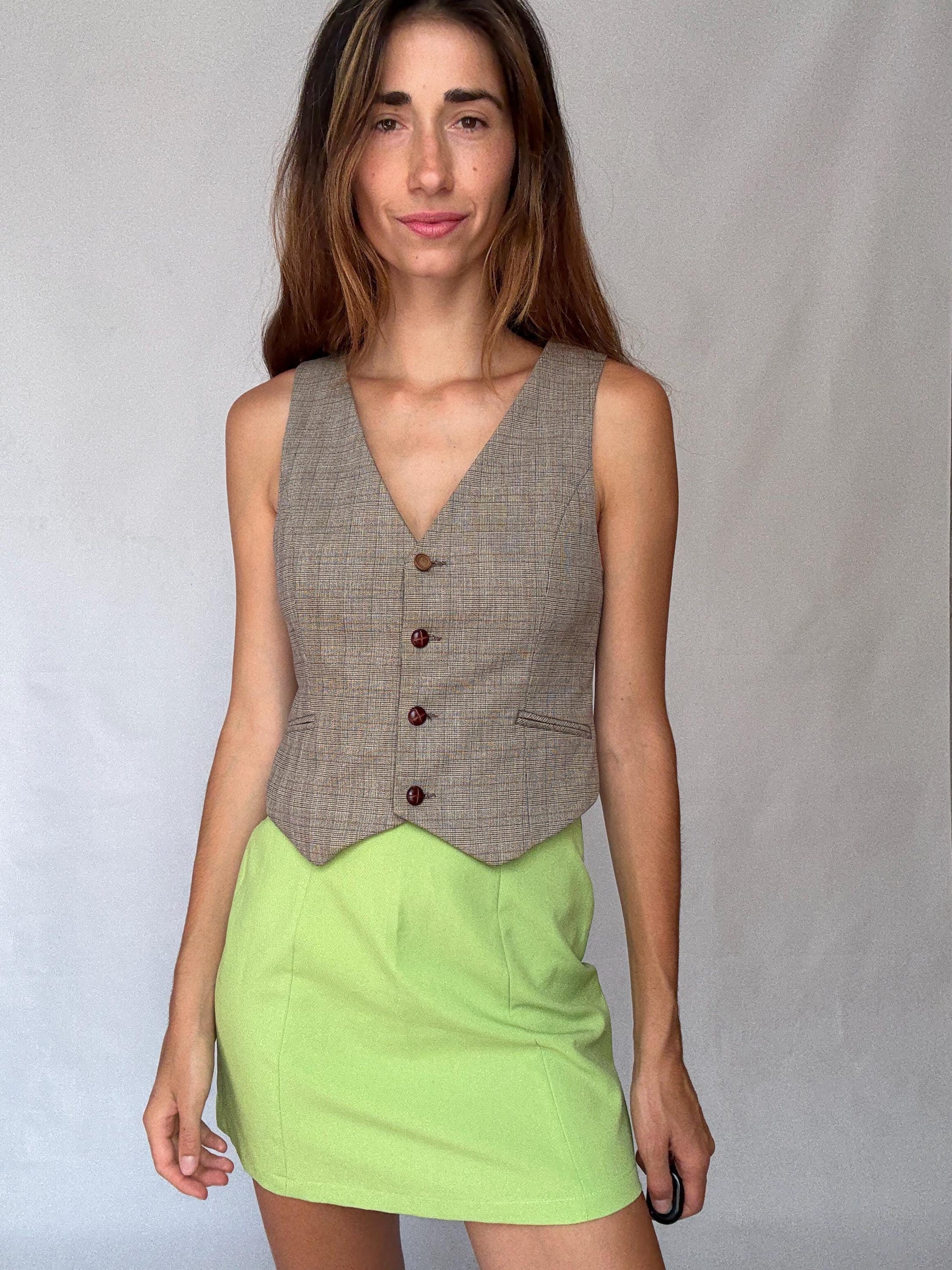 Vintage Academia Plaid Vest – Brown Beige Button-Up Gilet – Y2K Schoolgirl Waistcoat – Cottagecore Style Top, Size XS - S