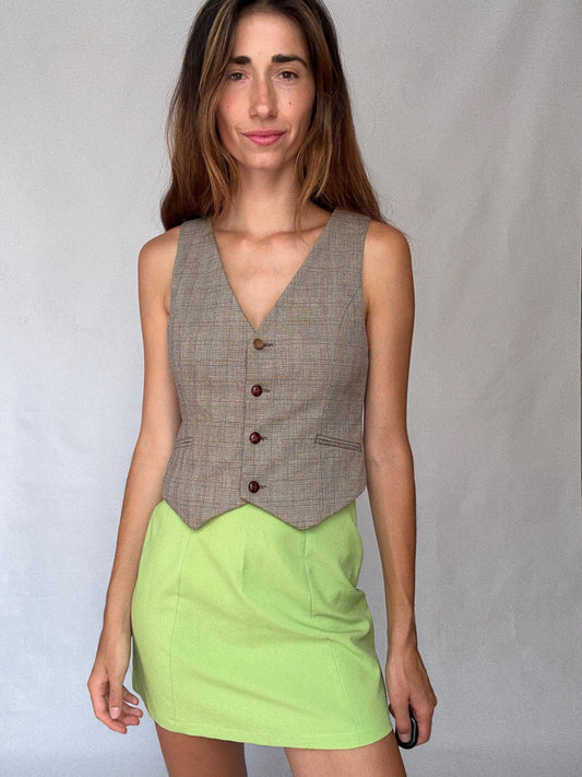 Vintage Academia Plaid Vest – Brown Beige Button-Up Gilet – Y2K Schoolgirl Waistcoat – Cottagecore Style Top, Size XS - S