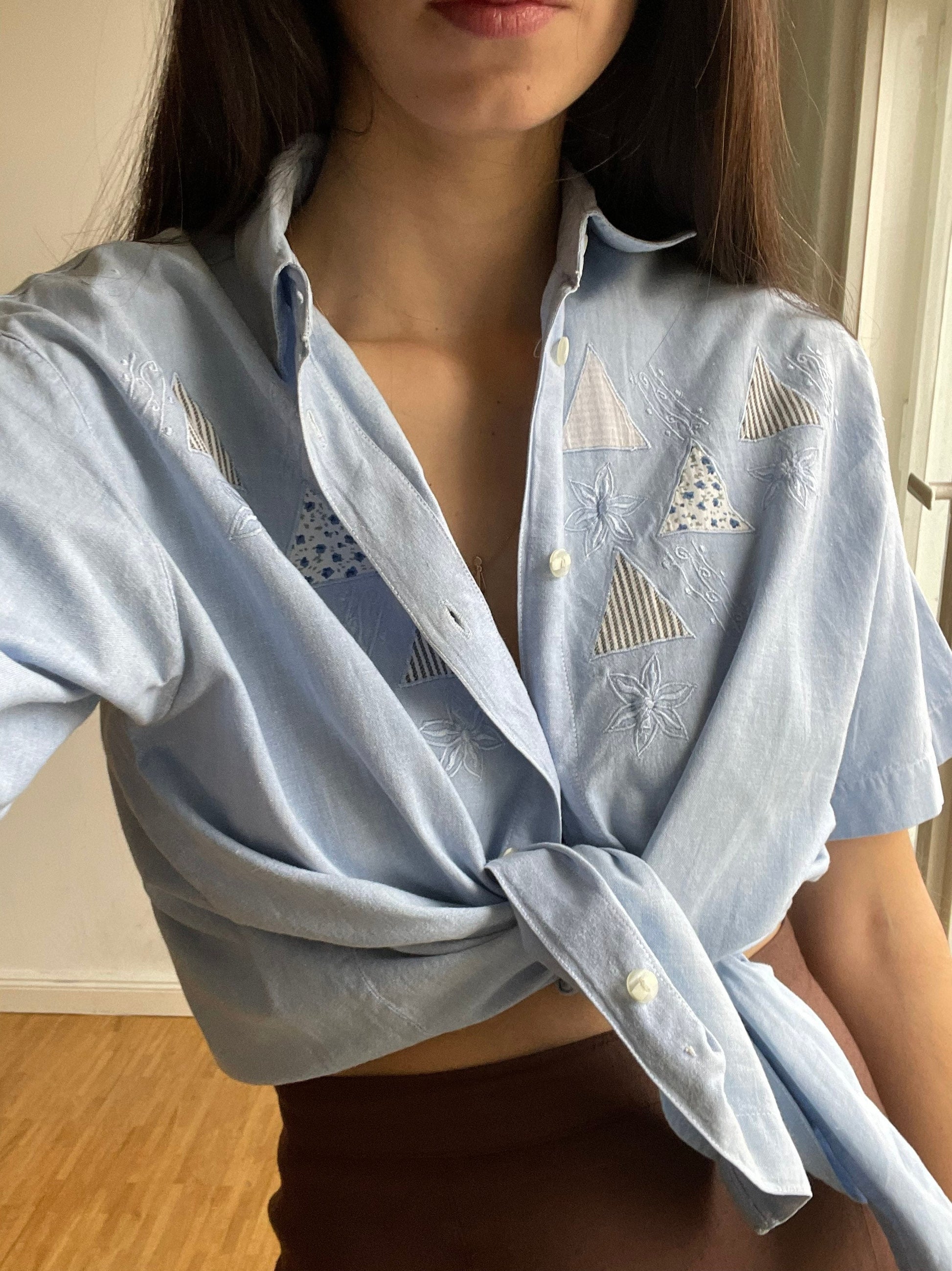 Baby blue oversized blouse with patchwork, Vintage denim women's blouse, Light blue summer top, retro women shirt, Short sleeve button up