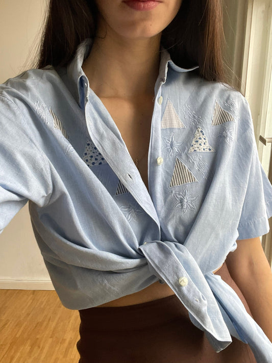 Baby blue oversized blouse with patchwork, Vintage denim women's blouse, Light blue summer top, retro women shirt, Short sleeve button up