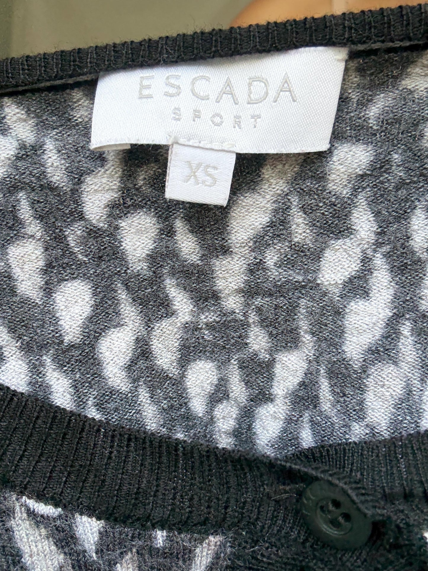 Escada Sport Vintage Wool Cardigan – XS, Black White Knit Button Top, Designer Retro Sweater, Tight Fit, Soft Knit, Luxury woman wear