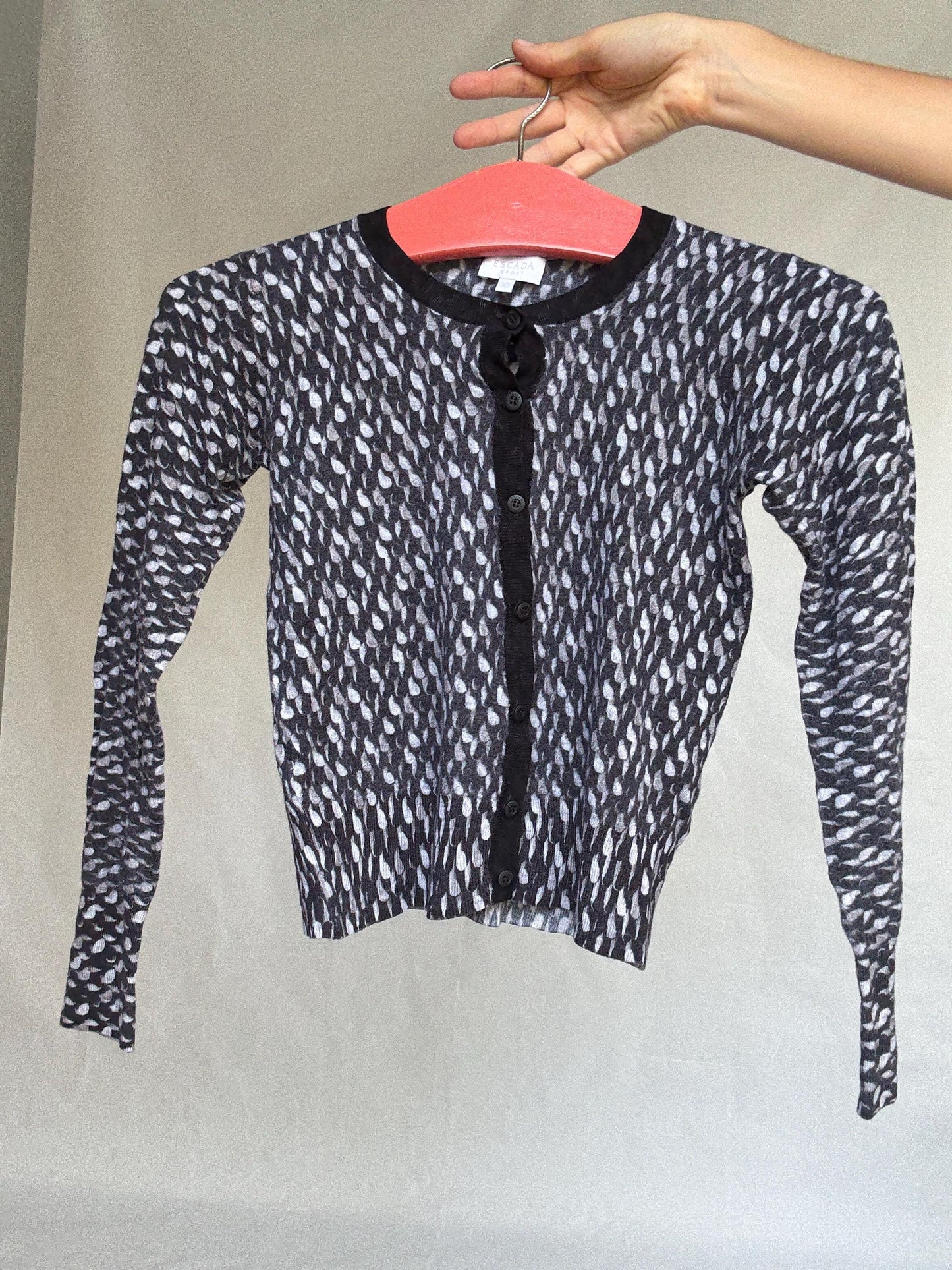 Escada Sport Vintage Wool Cardigan – XS, Black White Knit Button Top, Designer Retro Sweater, Tight Fit, Soft Knit, Luxury woman wear