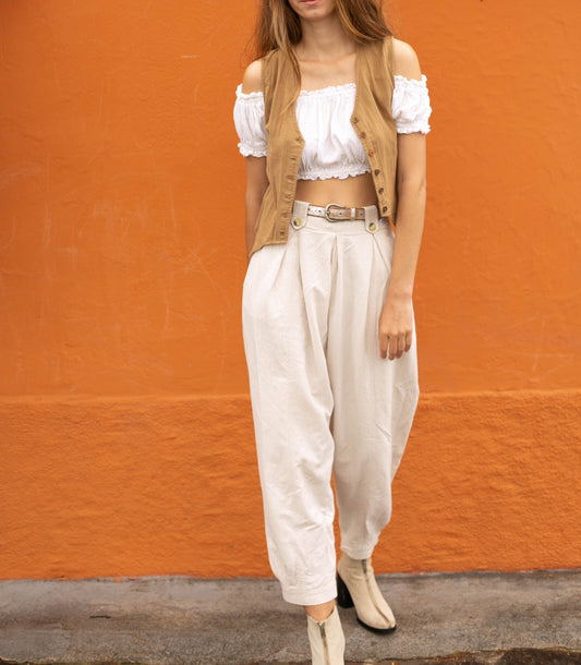 American Vintage brown waistcoat, Vintage cotton summer gilet, Natural coloured mediterranean beach clothing, L