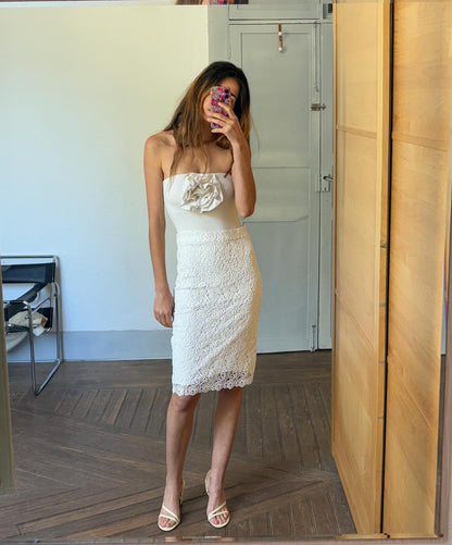 Vintage Floral Lace White Midi Skirt