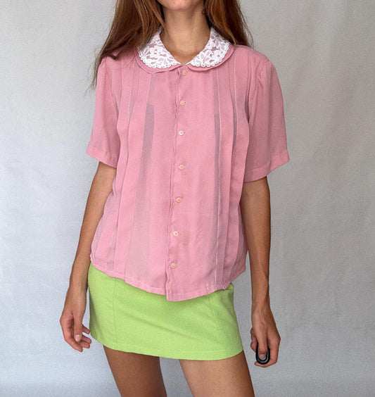 Vintage pink blouse with white lace collar M – cottagecore romantic short sleeve button up shirt