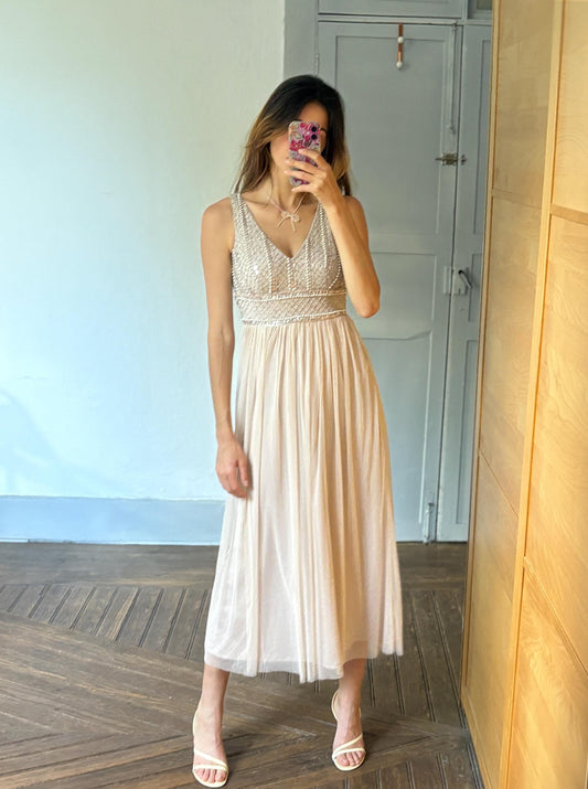 Vintage sequin beaded formal dress, luxury bridesmaid gown, wedding guest aesthetic, Neutral natural tone, Size XS