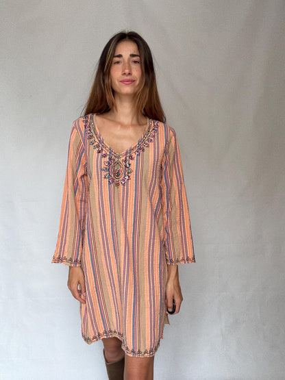 Boho Striped Cotton Dress With Beaded Neckline — fabric close-up