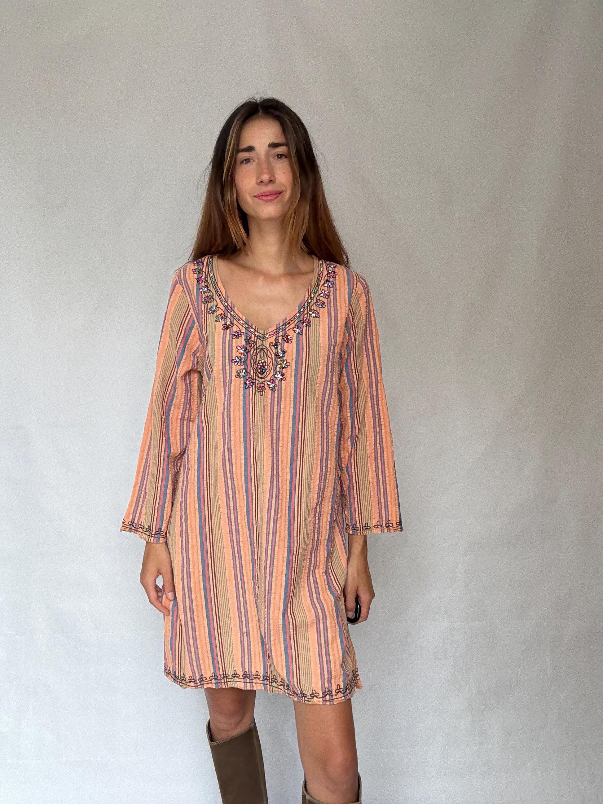 Striped cotton boho dress with beaded neckline – peach pink blue tunic style shift dress with side splits L–XL