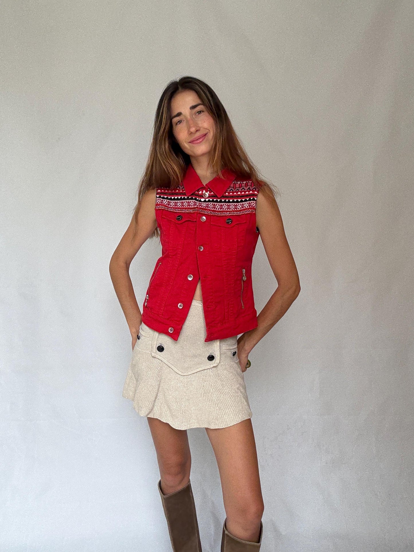 Desigual red sleeveless denim vest with embroidered yoke and bead details – boho western festival jacket size M - EU 38