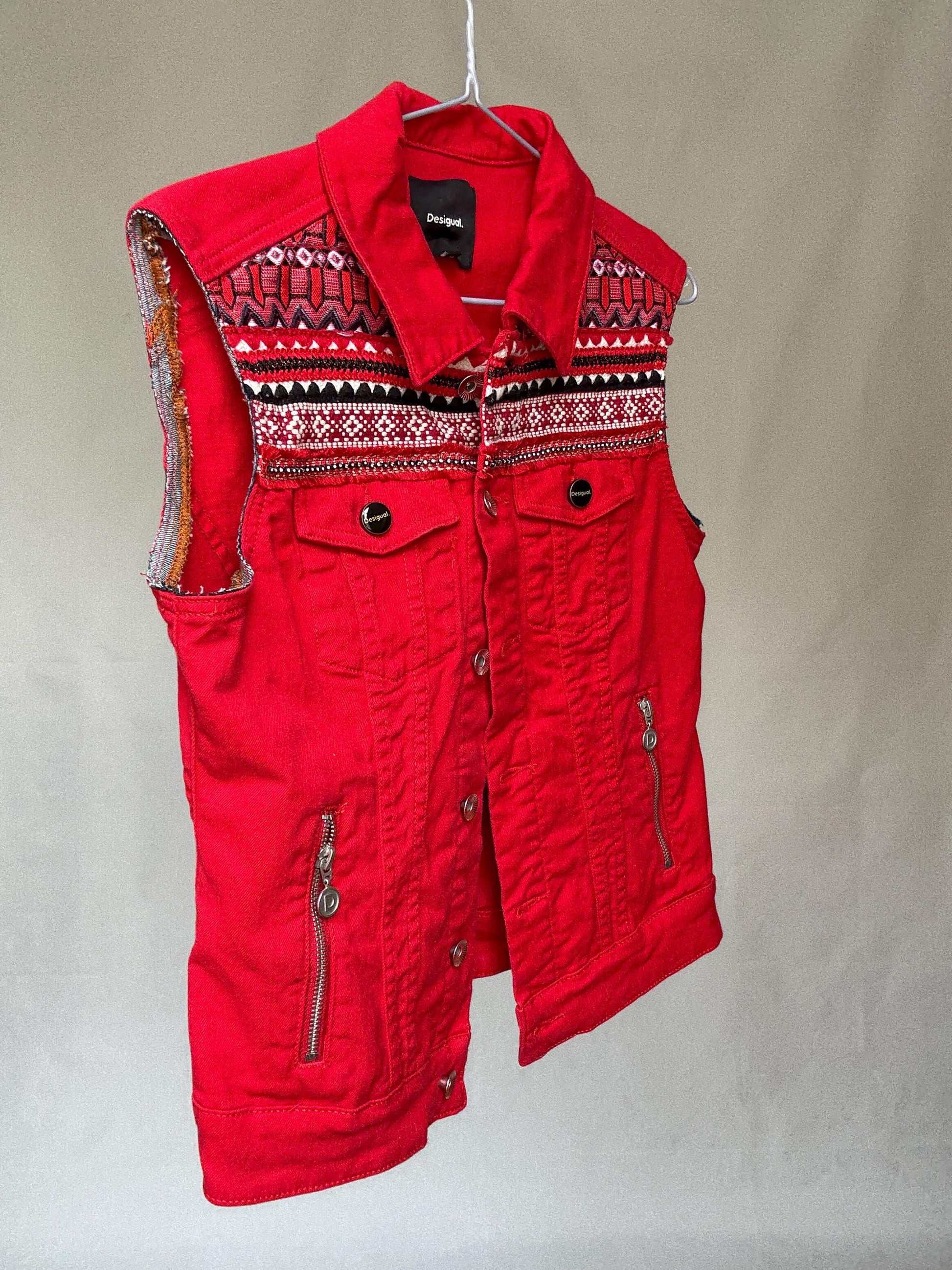 Desigual red sleeveless denim vest with embroidered yoke and bead details – boho western festival jacket size M - EU 38