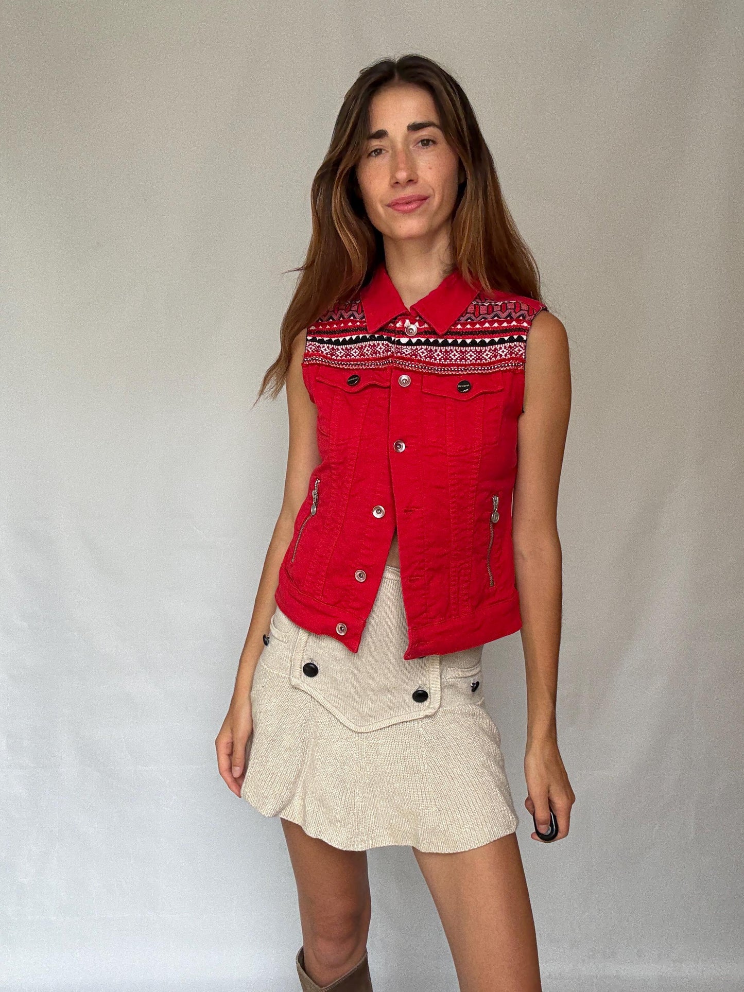 Desigual red sleeveless denim vest with embroidered yoke and bead details – boho western festival jacket size M - EU 38