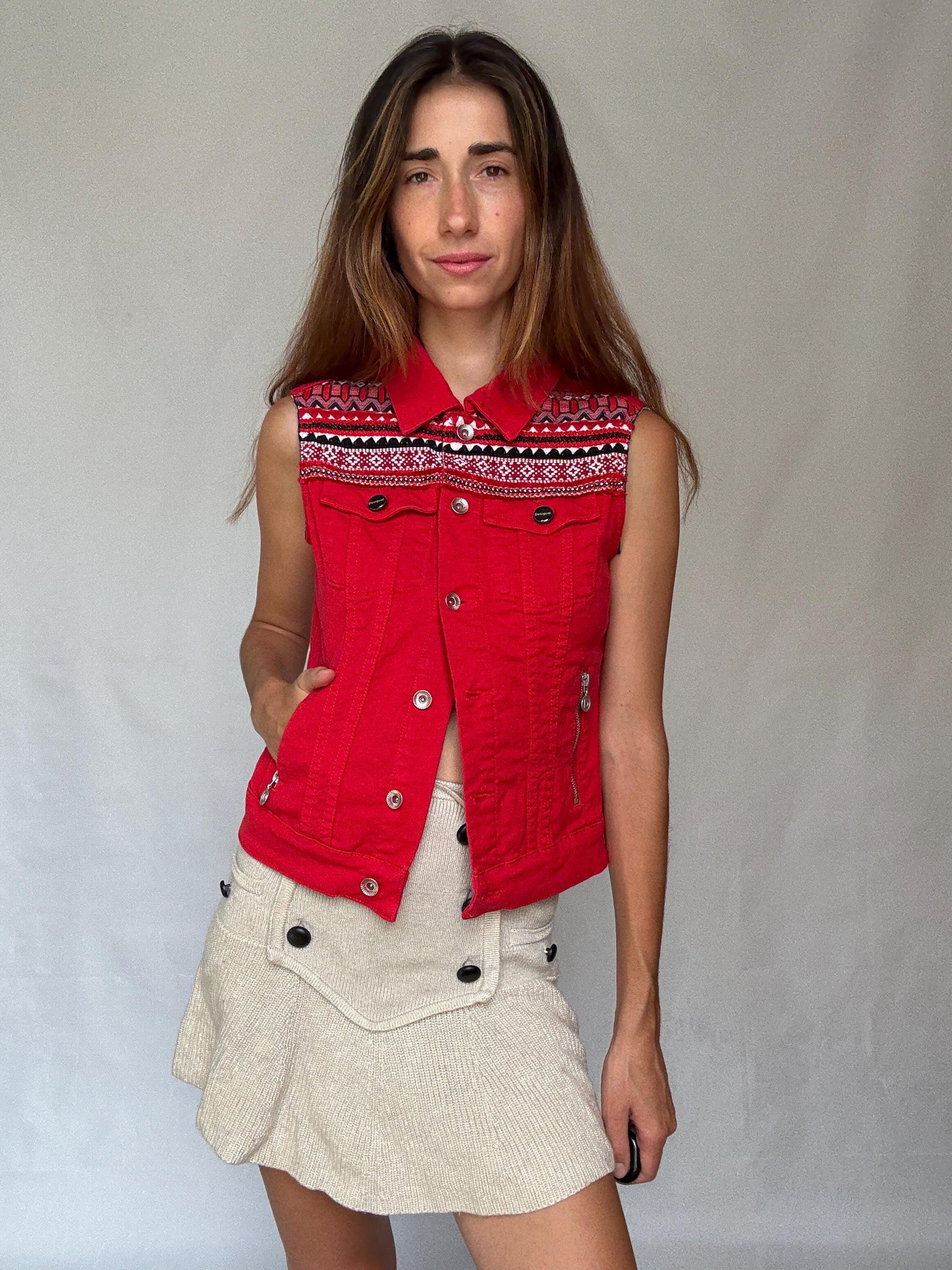 Desigual red sleeveless denim vest with embroidered yoke and bead details – boho western festival jacket size M - EU 38