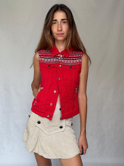 Embroidered Red Denim Vest — fabric close-up
