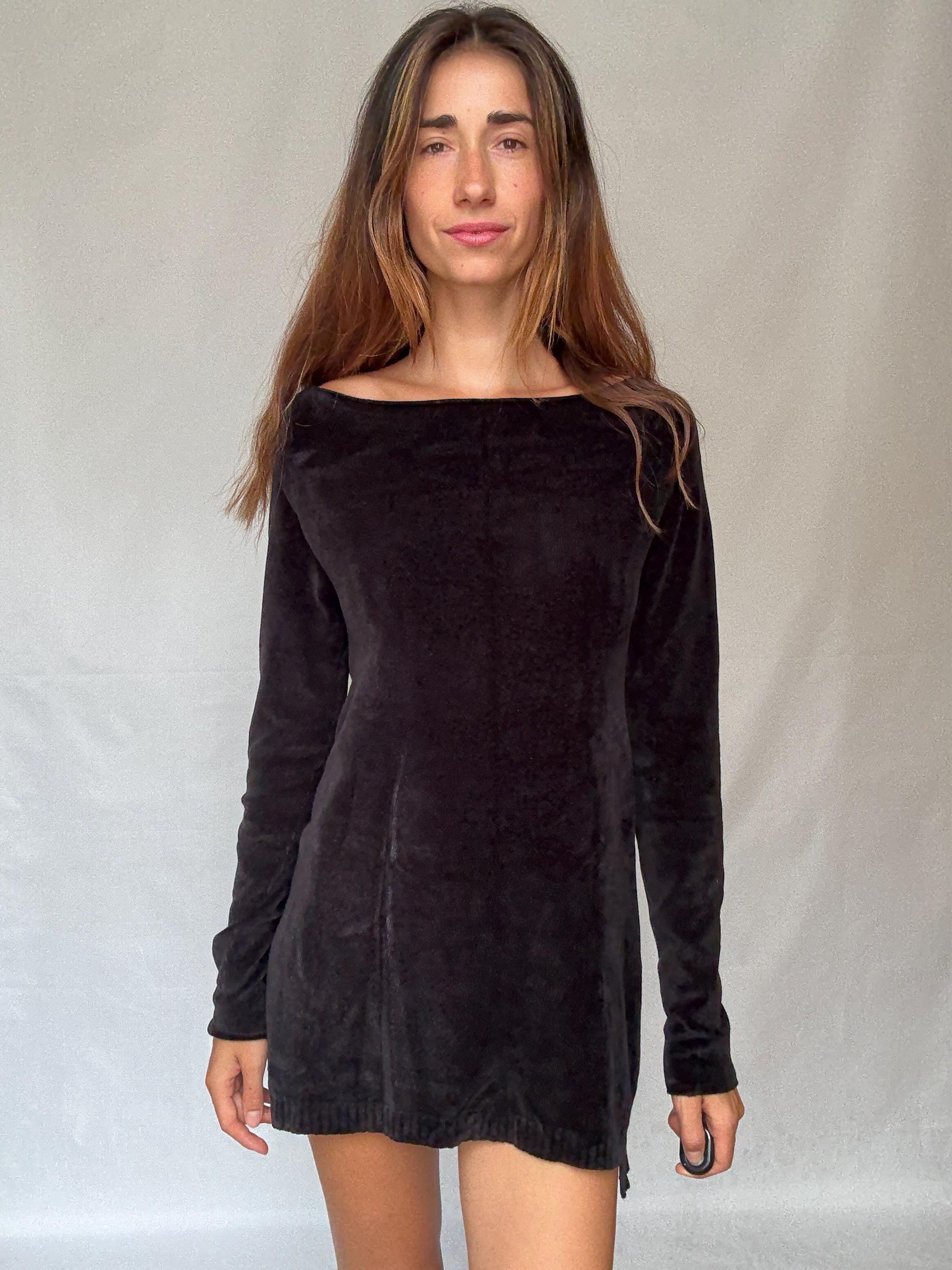 Guess Los Angeles Black Long Sleeve Mini Dress, Sexy Soft Stretch elegant black straight neck pullover, Designer clothing, Size M