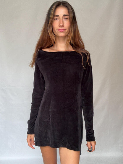 Guess Black Velvet Mini Dress, Long Sleeve Y2K Style, Size M