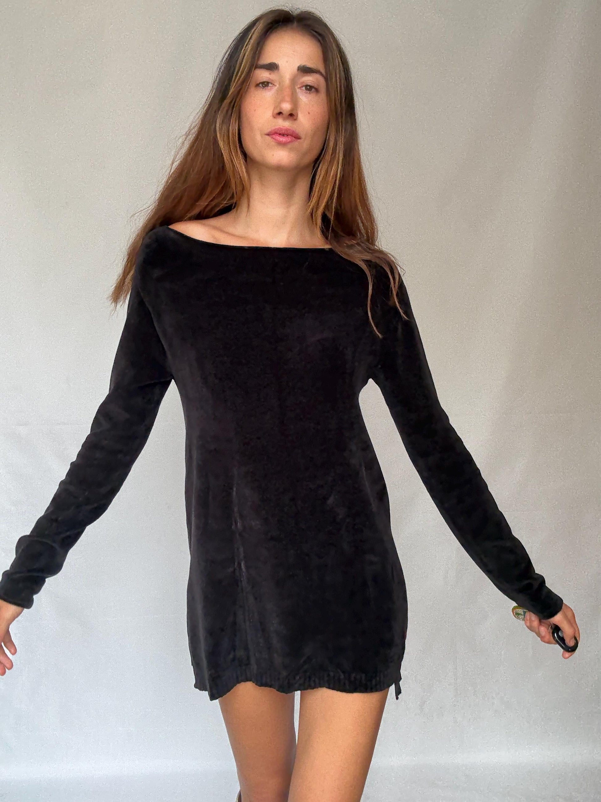 Guess Los Angeles Black Long Sleeve Mini Dress, Sexy Soft Stretch elegant black straight neck pullover, Designer clothing, Size M